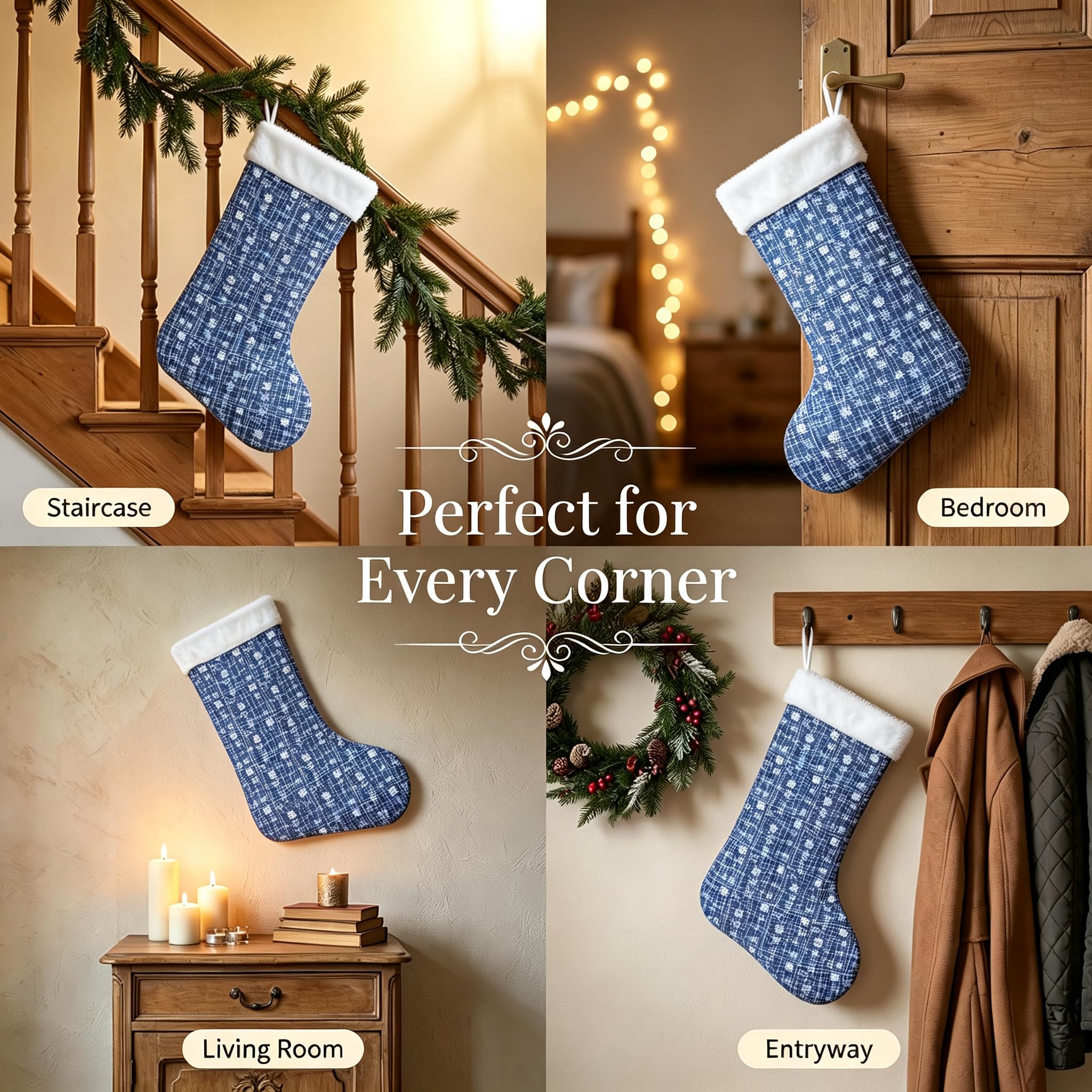 MSYO Calcetín de Navidad gigante, calcetín de Navidad grande para decoración del hogar, terciopelo azul suave con lineal, puño de piel sintética de felpa blanca, calcetín grande de Papá Noel para