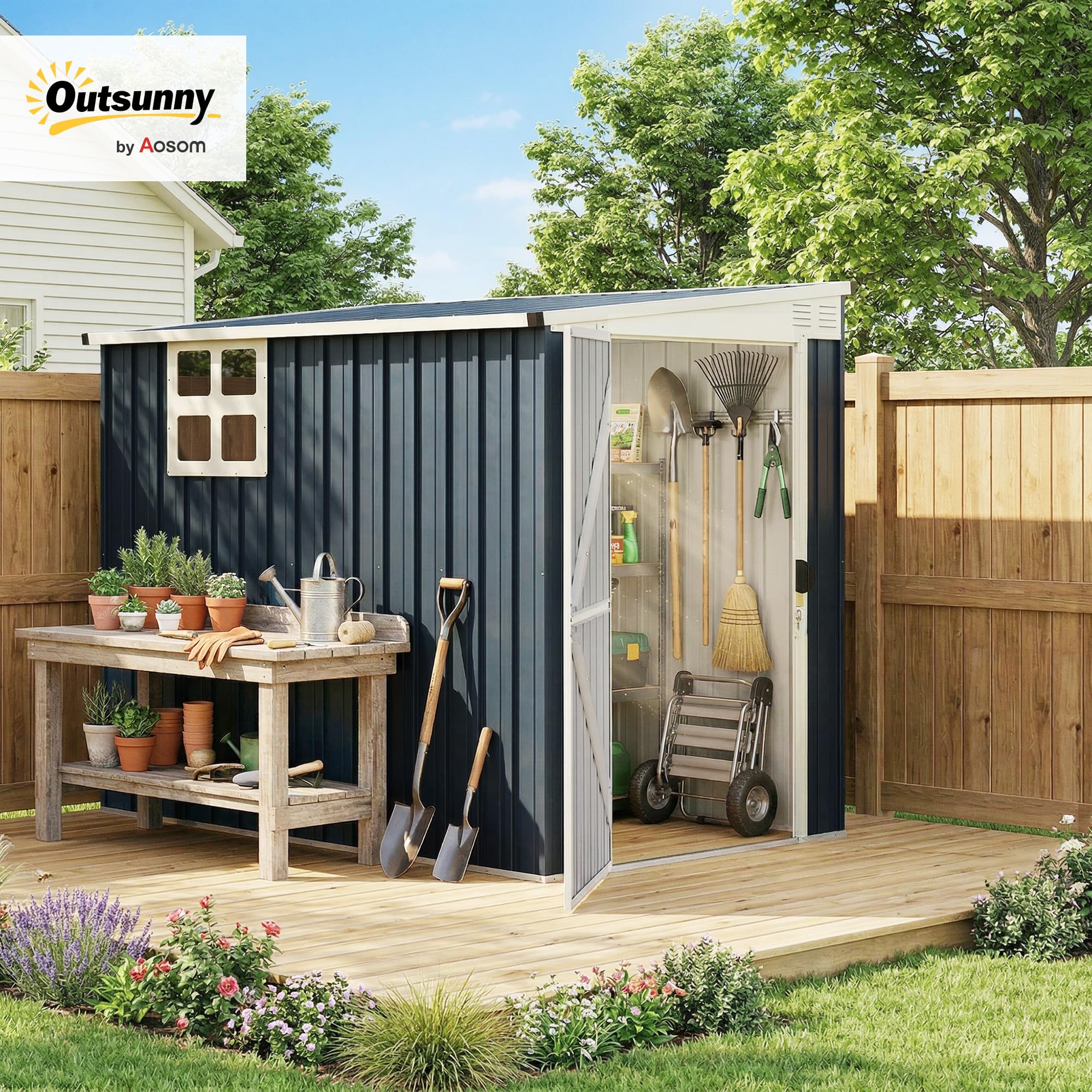 Outsunny Metall Gerätehaus 2,7m² 128x231x181cm Geräteschuppen mit Pultdach wetterfest Dunkelgrau