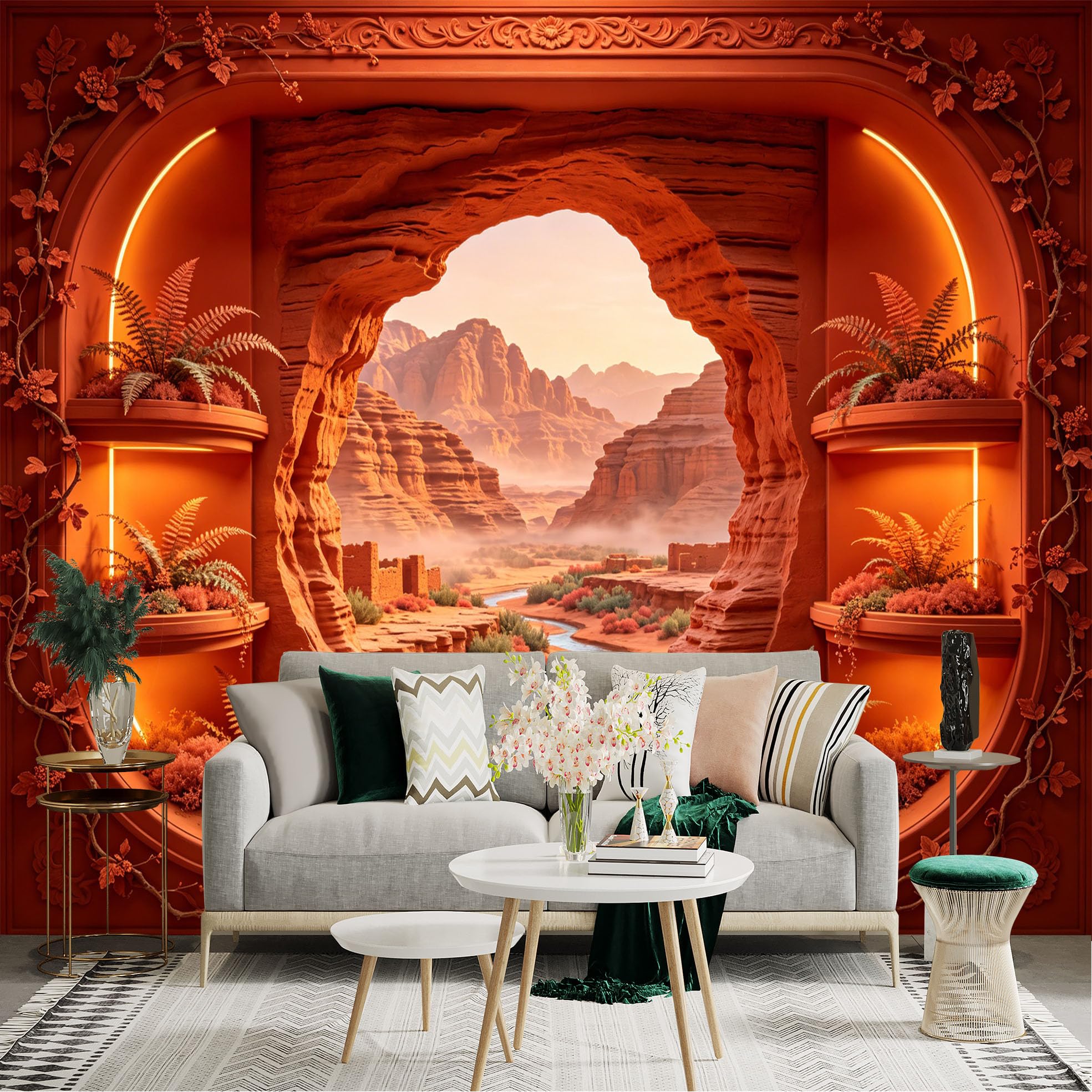 Custom Size Wall Sticker Mural， Desert Canyon Landscape with River and Sunset Glow， for wall Decoration， peelandstick wall Decals.