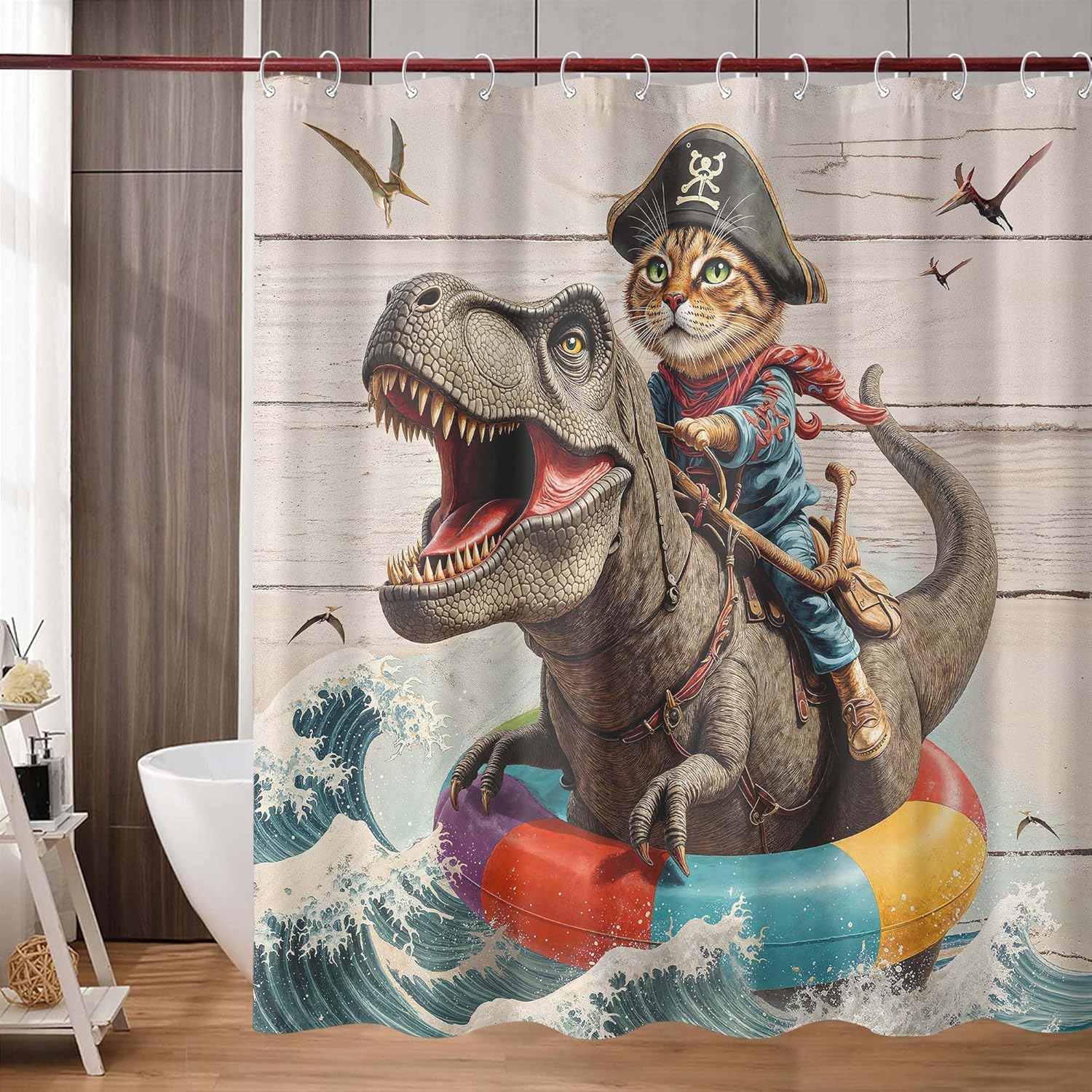 Pirate Cat Dinosaur Shower Curtain Set Nautical Adventure Style Waterproof Bathroom Shower Curtain Ocean Sea Ride Print Fun Home Decor 72x72 Inch with 12 Plastic Hooks.