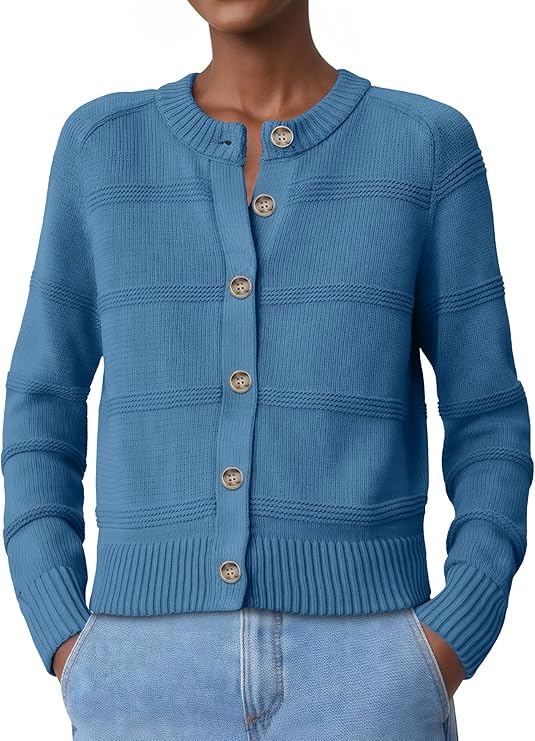 PrinStory Women’s Long Sleeve Crew Neck Cardigan Classic Retro Button Open Front Casual Knit Shrugs Sweaters S-2XL