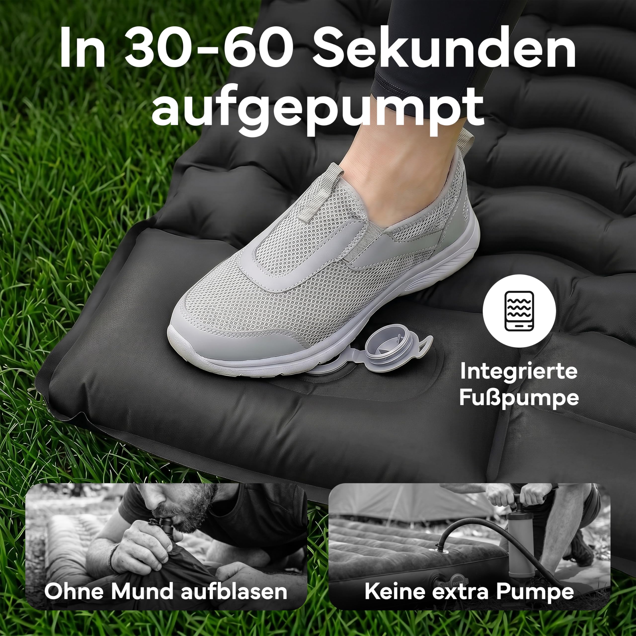 NEOLYMP NORDPINE Isomatte Camping - Integrierte Fußpumpe, Aufblasbar, 10 cm Dick - 200x70 cm, Ultraleicht 0,9 kg, Packmaß 25x12 cm - Aufblasbare Isomatte Luftmatratze Schlafmatte (Schwarz)