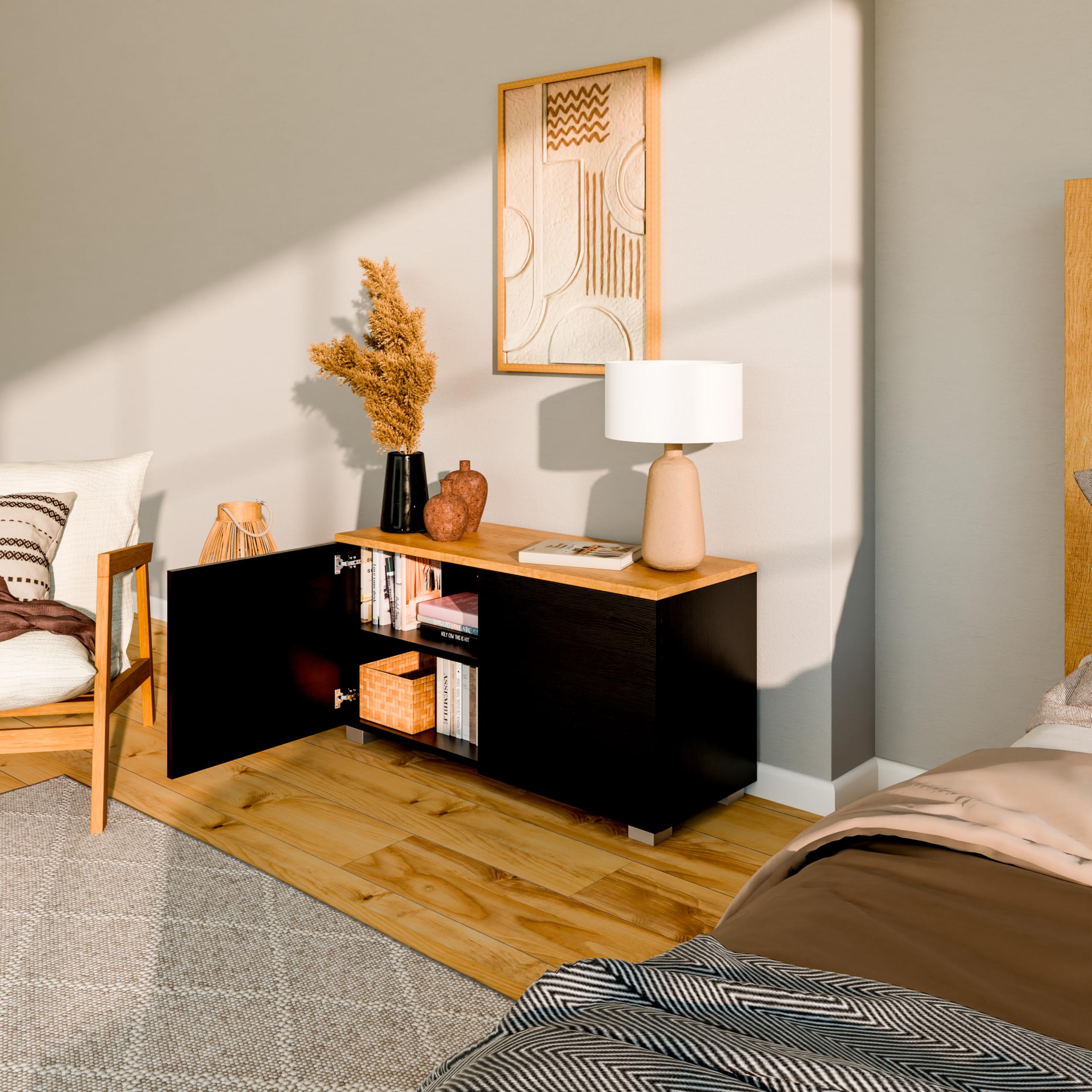 PLATAN ROOM Szafka pod telewizor o szerokości 90 cm z funkcją Push-to Open, wisząca szafka pod telewizor, komoda wisząca lub stojąca na wysoki połysk lub matowy (dąb matowy/czarny matowy, szerokość 90