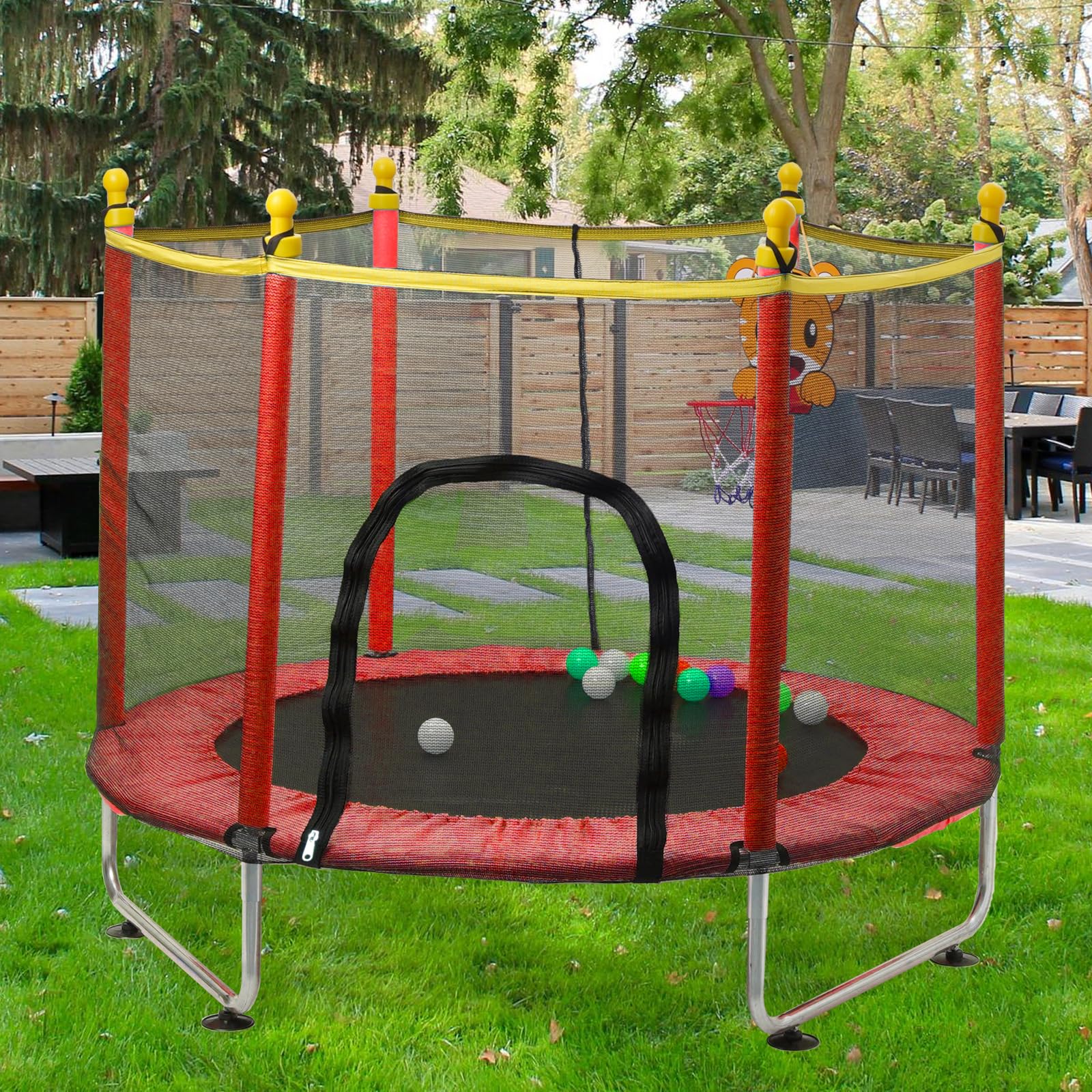 Dziecięca trampolina 140 cm, Trampolim Criança na zewnątrz z siatką bezpieczeństwa, wewnętrzne elastyczne łóżka z koszem do koszykówki, trampoliny dla dzieci 2 3 lata