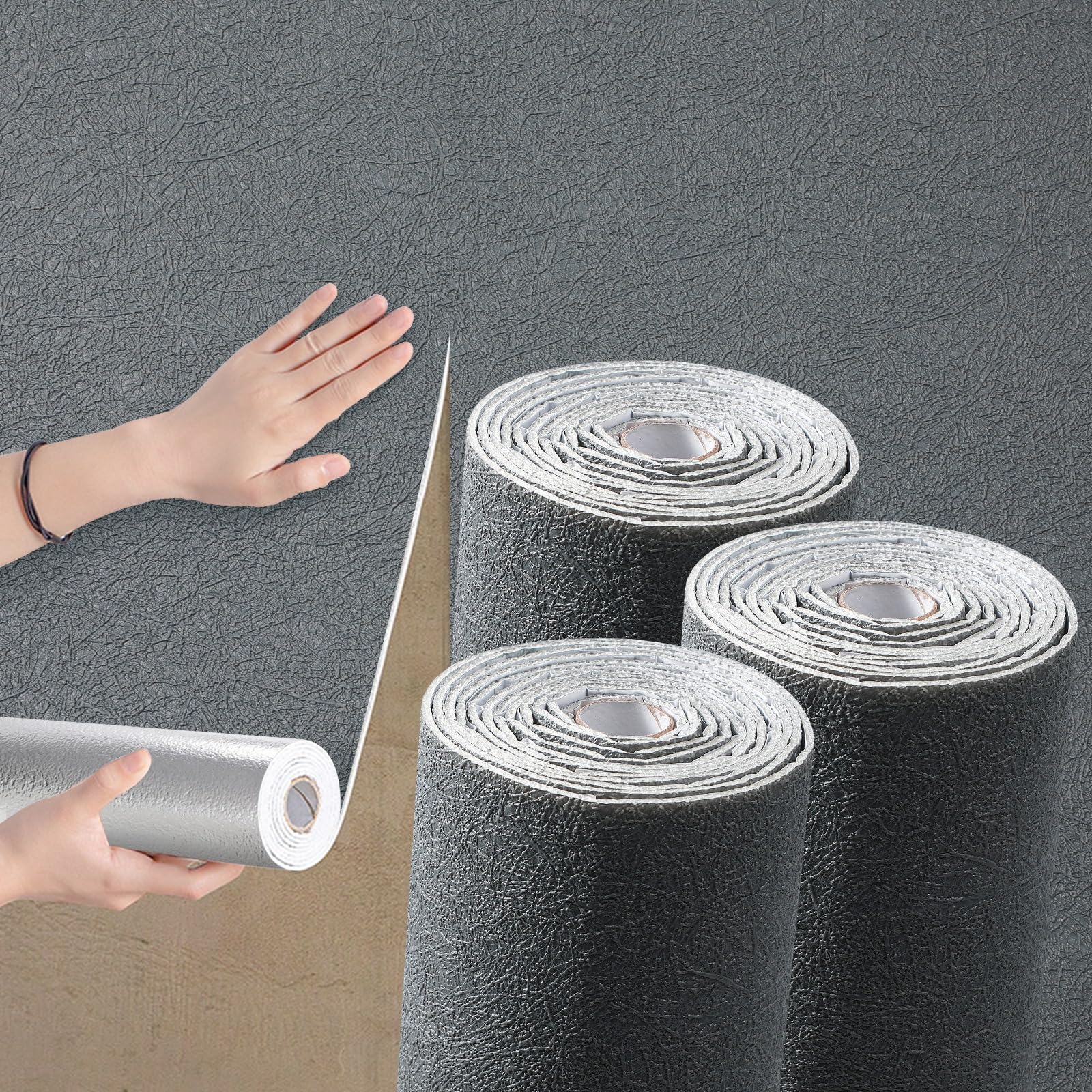 Camiraft Self Adhesive Wallpaper Roll Peel and Stick Thermal Wallpaper for Bad Cold Walls -3 Rolls=4.2m² 3mm Thick Dark Grey Textured Insulated Lining Paper for Walls for Bedroom Living Room,Bathroom — image 1