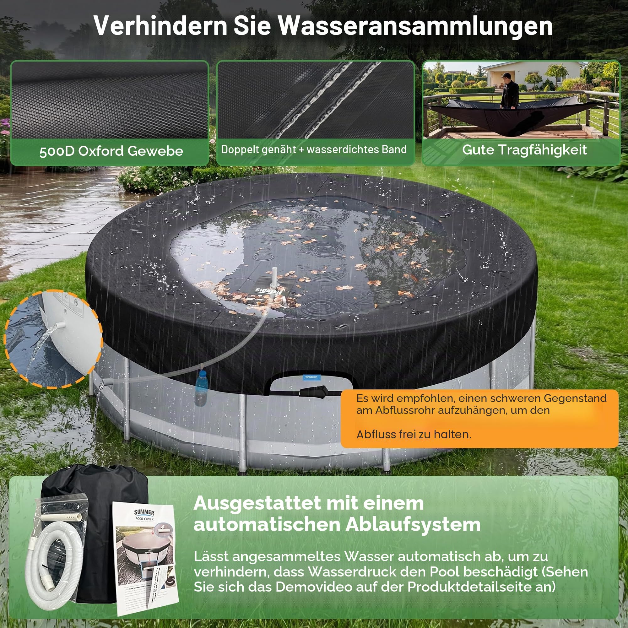 SIHAIAN Rundpoolabdeckung 427cm, Solar Poolabdeckung mit automatischem Abfluss für Aufstellpools, UV-Beständig, patentiertes einteiliges Spannsystem, verhindert Wasseransammlungen