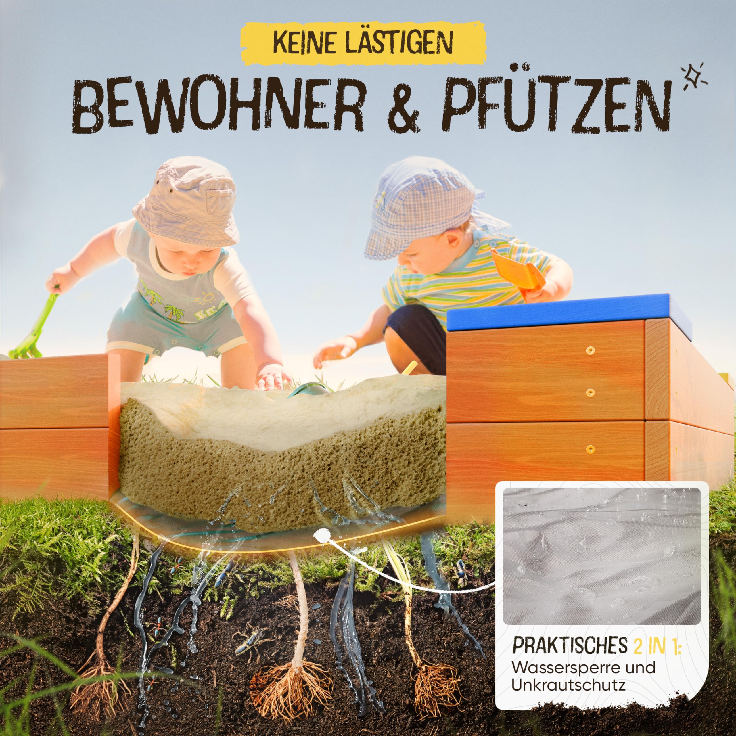 FRIEDO – Sandkasten mit Abdeckung 120x120 cm - Sandbox inkl. Bodenvlies zum Schutz vor Unkraut und Ungeziefer - Buddelkasten mit farbigen Ecken für den Garten - Sandkiste aus Holz mit Abdeckplane