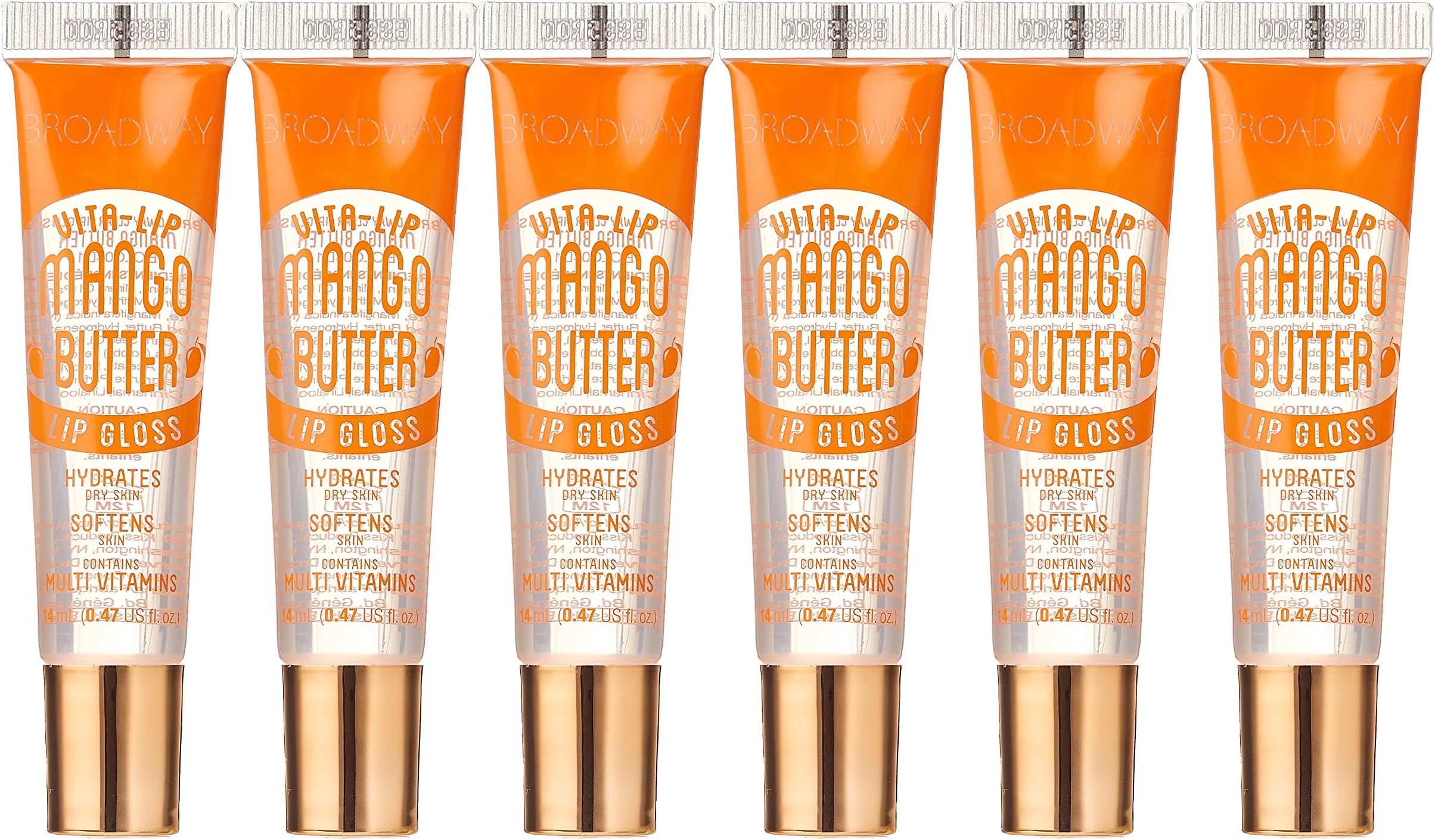 Broadway Vita-Lip Clear Lip Gloss (Mango Butter 6 Pack), Ultra-Hydrating & Soothing Formula with Multi-Vitamin Oils, High-Shine Non-Sticky Finish, Nourishing Glossy Lip Balm Softens Skin