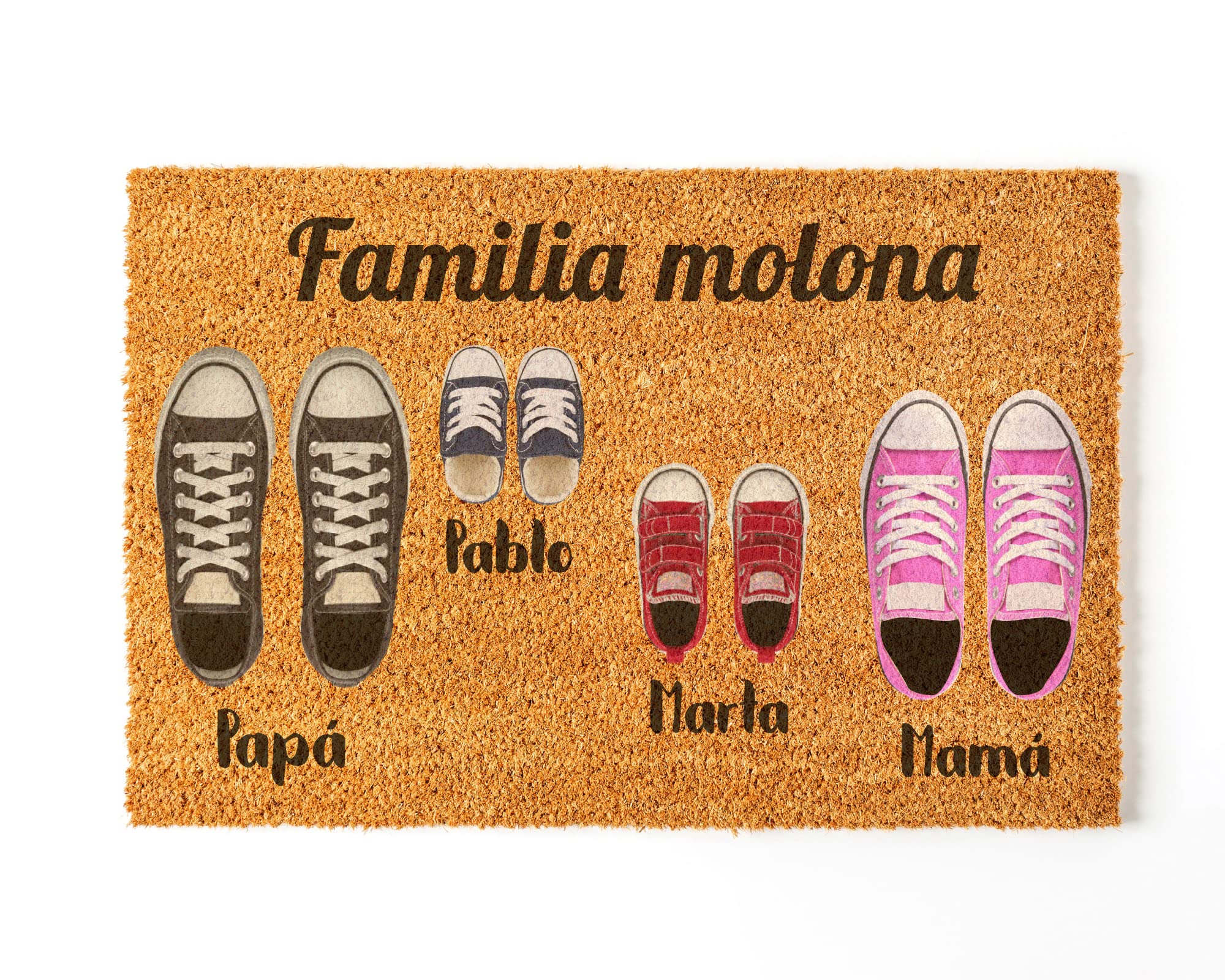 Felpudo Personalizado para la Entrada de Casa | Personaliza tu Felpudo con toda tu Familia y Mascotas | 70 x 40 cm | Felpudos Originales y Divertidos en 100% Fibra de Coco | Familia de 4
