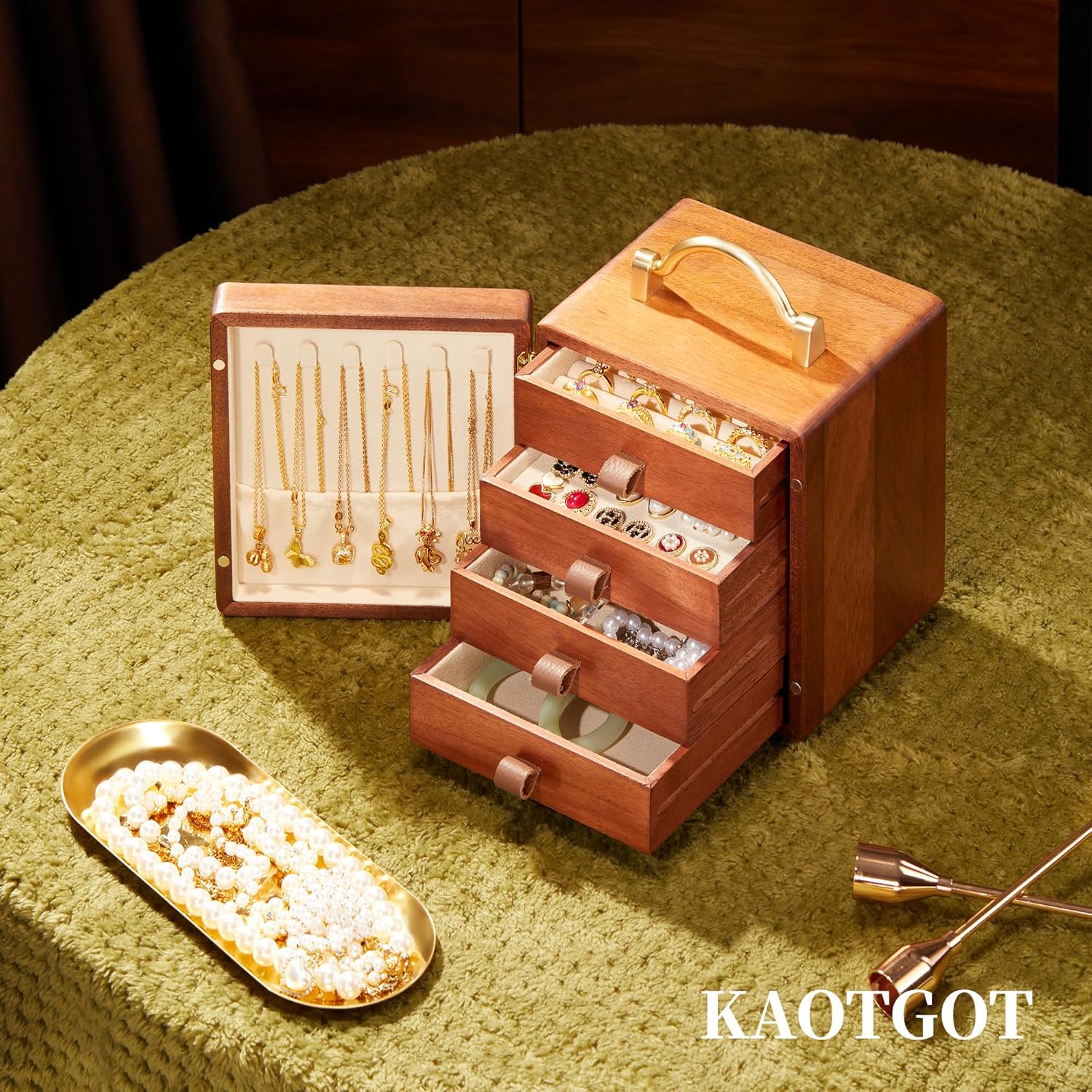 Wooden Jewelry Box for Women Walnut Wooden Jewelry Box with handle 4-Tier Jewelry Organizer for Rings, Necklaces