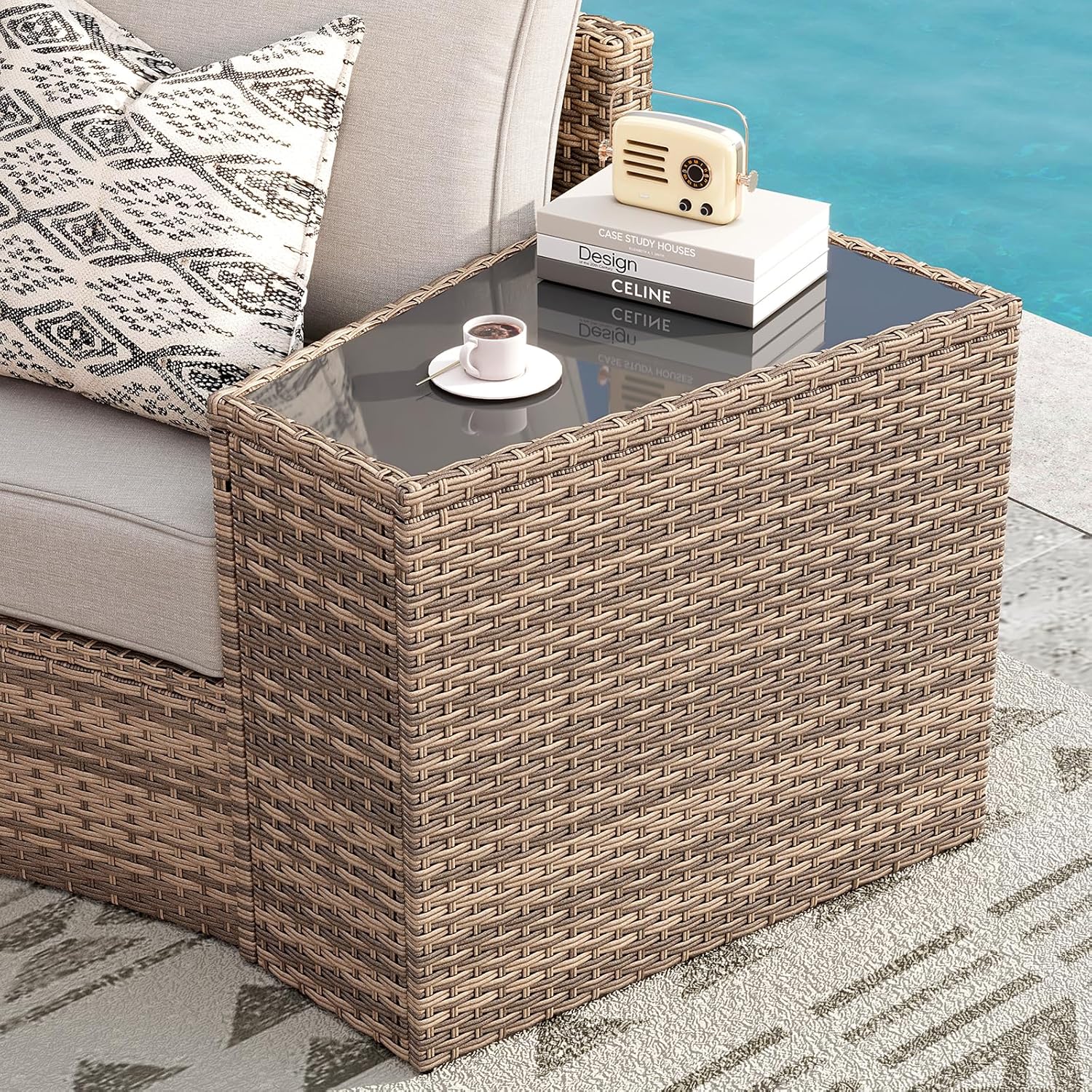 PaPaJet 11-Piece Patio Furniture Set with Large Storage Wedge Table, Half-Moon Wicker Sectional Sofa with Cushions, Waterproof Rattan Outdoor Conversation Set for Beach, Pool, Garden & Balcony, Beige