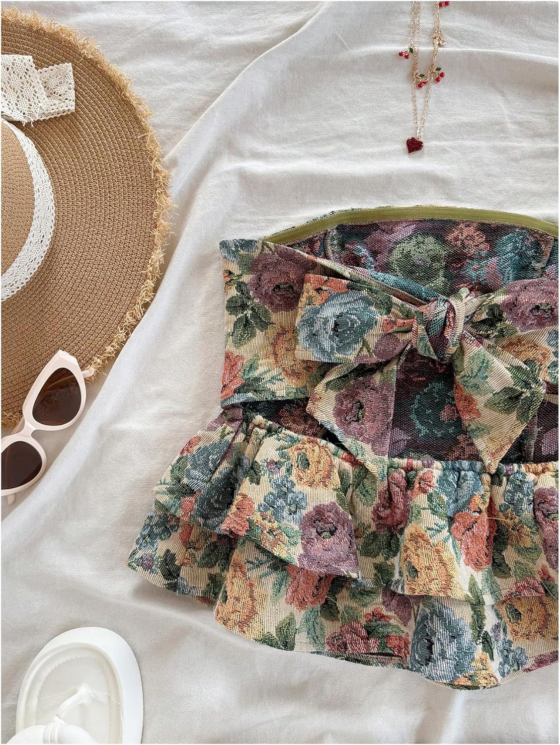 SOLY HUX Women's Floral Print Tie Backless Tube Top Layered Ruffle Strapless Vacation Tops - Image 4