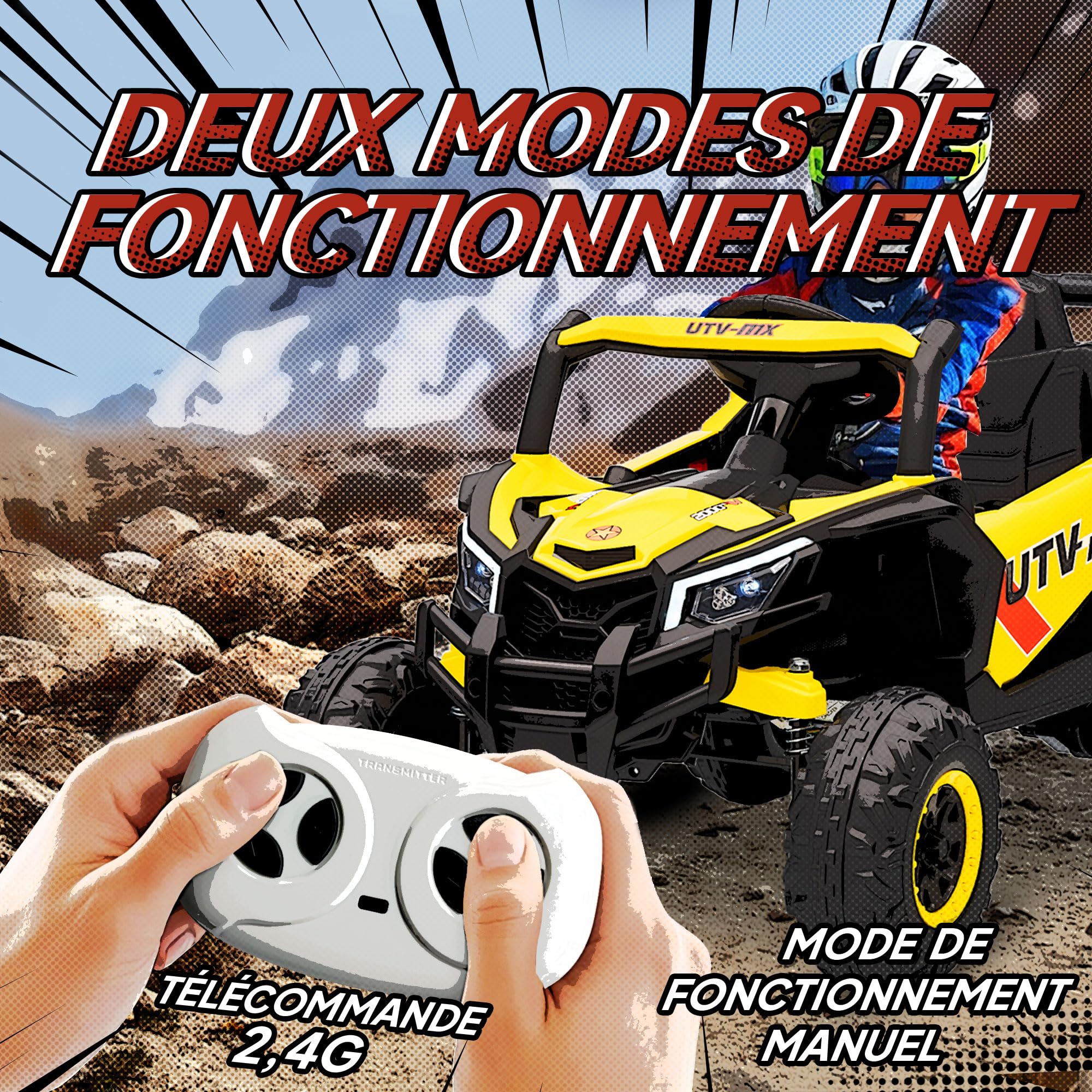 AIYAPLAY Auto elettrica per bambini UTV 12 V, buggy elettrico per bambini con telecomando 2,4G, avviamento lento, sistema di sospensione, luci, musica, porta USB, per ragazzi e ragazze 3-5 anni