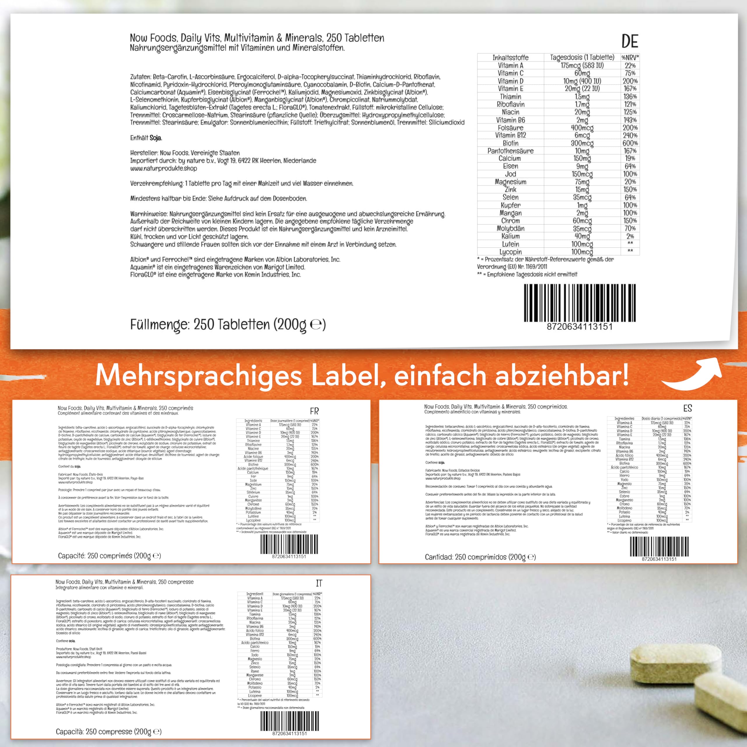 Now Foods Daily Vits, tägliche Vitamine, Multivitamin, 250 vegane Tabletten, Laborgeprüft, Glutenfrei, Sojafrei, Vegetarisch, Ohne Gentechnik