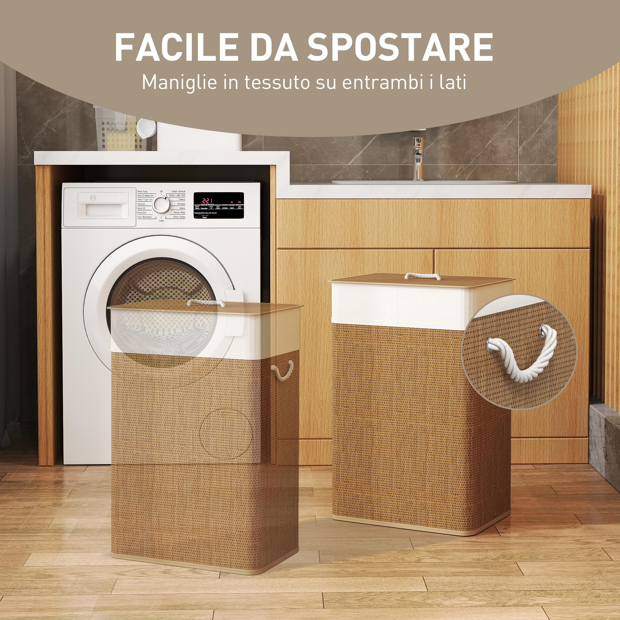 HOMCOM Cesto Portabiancheria da 72L con Coperchio, Cesta per Bucato in Bambù con Manici in Corda e Sacco Rimovibile e Lavabile, Marrone