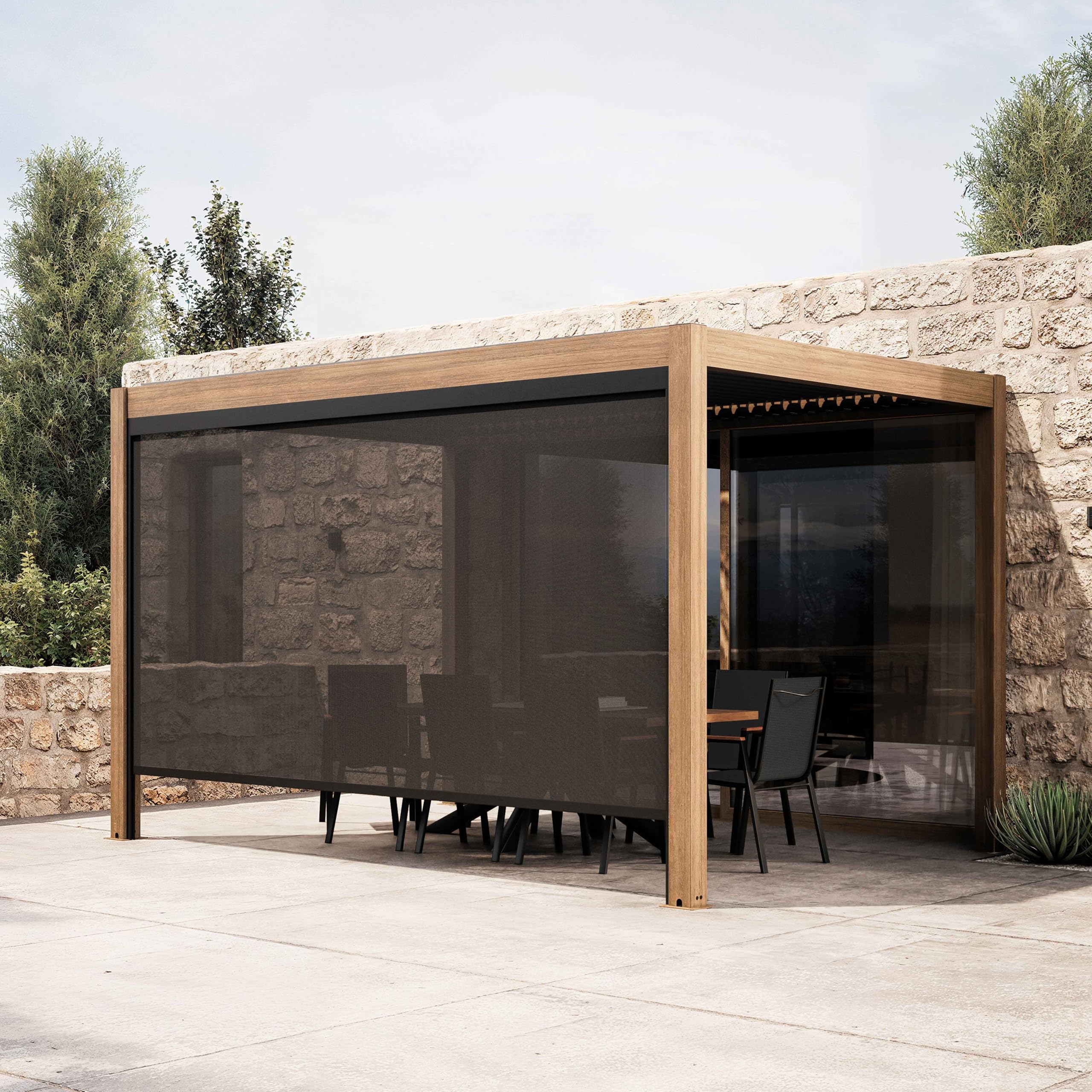 Oviala Pergola bioclimatique autoportée 3x4 m et 1 Store Bois Gris