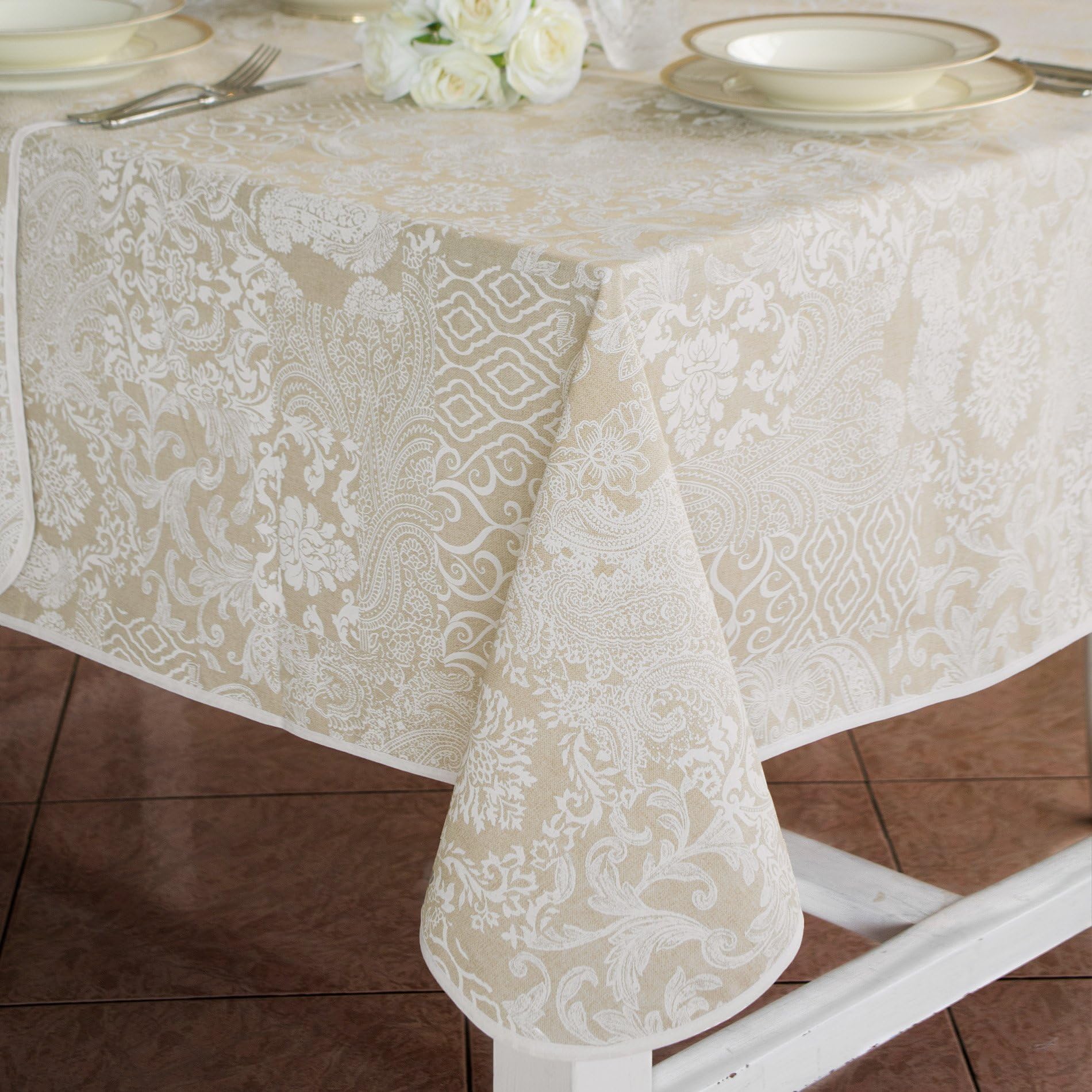 Extra Large Tablecloth , Rectangular XL Table Linen Vintage Shabby Chic Farmhouse - Patchwork Floral / Damascus - 160x380 - White / Beige - 100% Cotton