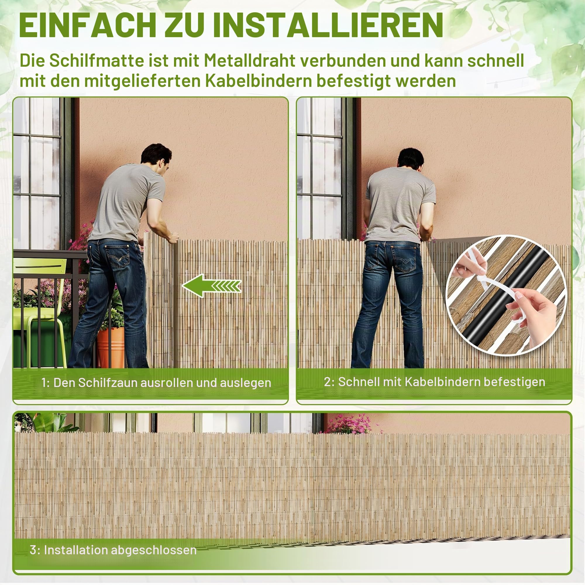 200x300cm Schilfmatten, Natur Schilf Sichtschutz Zaun mit Kabelbinders, 2-in-1 Windschutz & Sonnenschutz Schilfrohrmatte, Dekorative Gartensichtschutz für Balkon, Terrasse, Garten