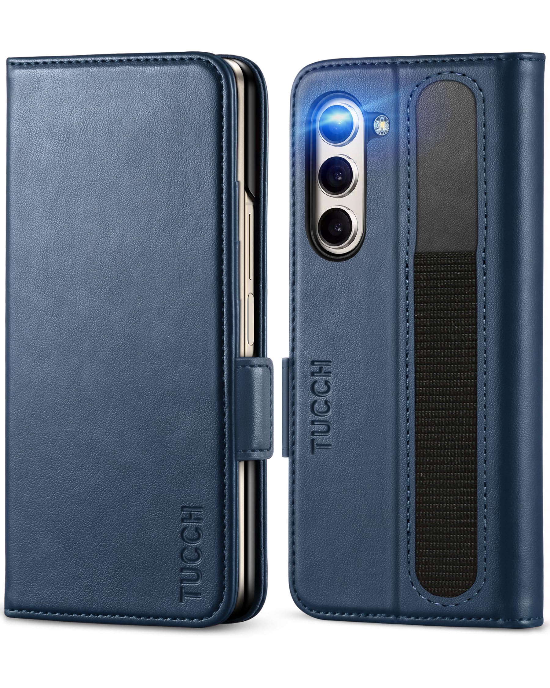 TUCCH Wallet Case for Galaxy Z Fold 5, PU Leather Case with S Pen Slot RFID Blocking [Kicktand][Card Holder] Hard PC Shell, Shockproof Flip Cover Compatible with Galaxy Z Fold5 5G 7.6" 2023, Dark Blue