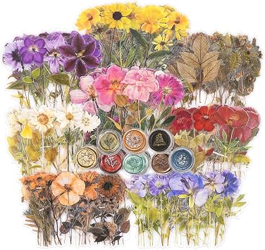 Knaid Pressed Flower Themed Stickers Set 320 Pieces Dried Flowers Resin Stickers Decals Floral Botanical Journaling Stickers for Scrapbook Supplies Junk Journal Bullet Journal Planner Laptops