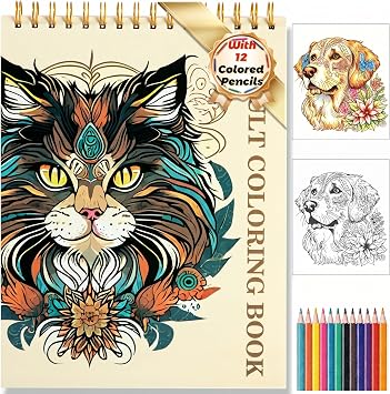 Animal Coloring Book for Adults, Spiral Coloring Book for Women,8.5x11 | 41 Single-Sided Mandala Designs, 130GSM Thick Paper No-bleeding,12 Colored Pencils,Stress Relief Gift For Women