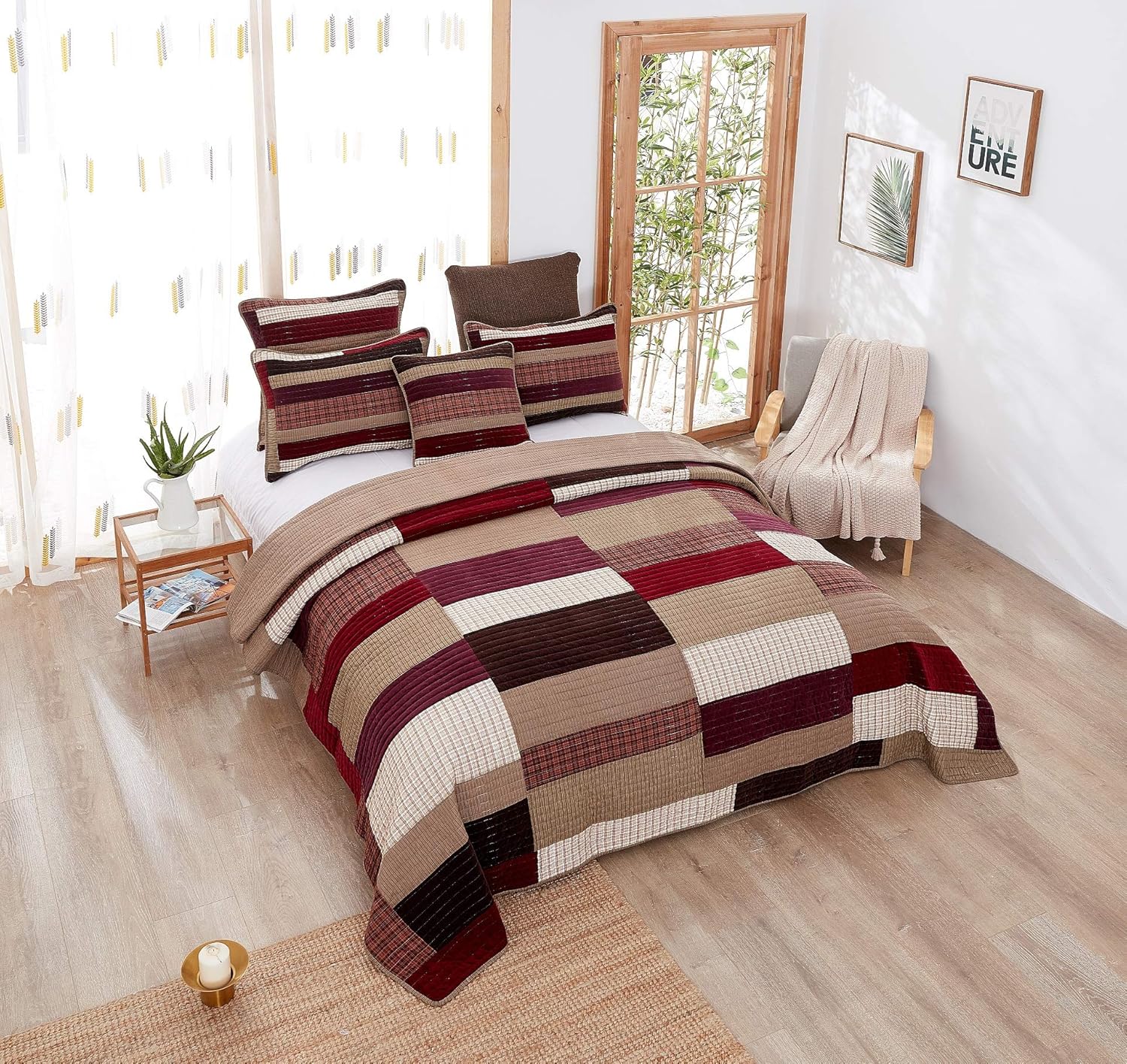 DaDa Bedding Classical Desert Sands Reversible Real Patchwork Quilted Bedspread Set - Striped Autumn Warm Tones Brown Burgundy Multi-Color Print - Cal King - 3-Pieces