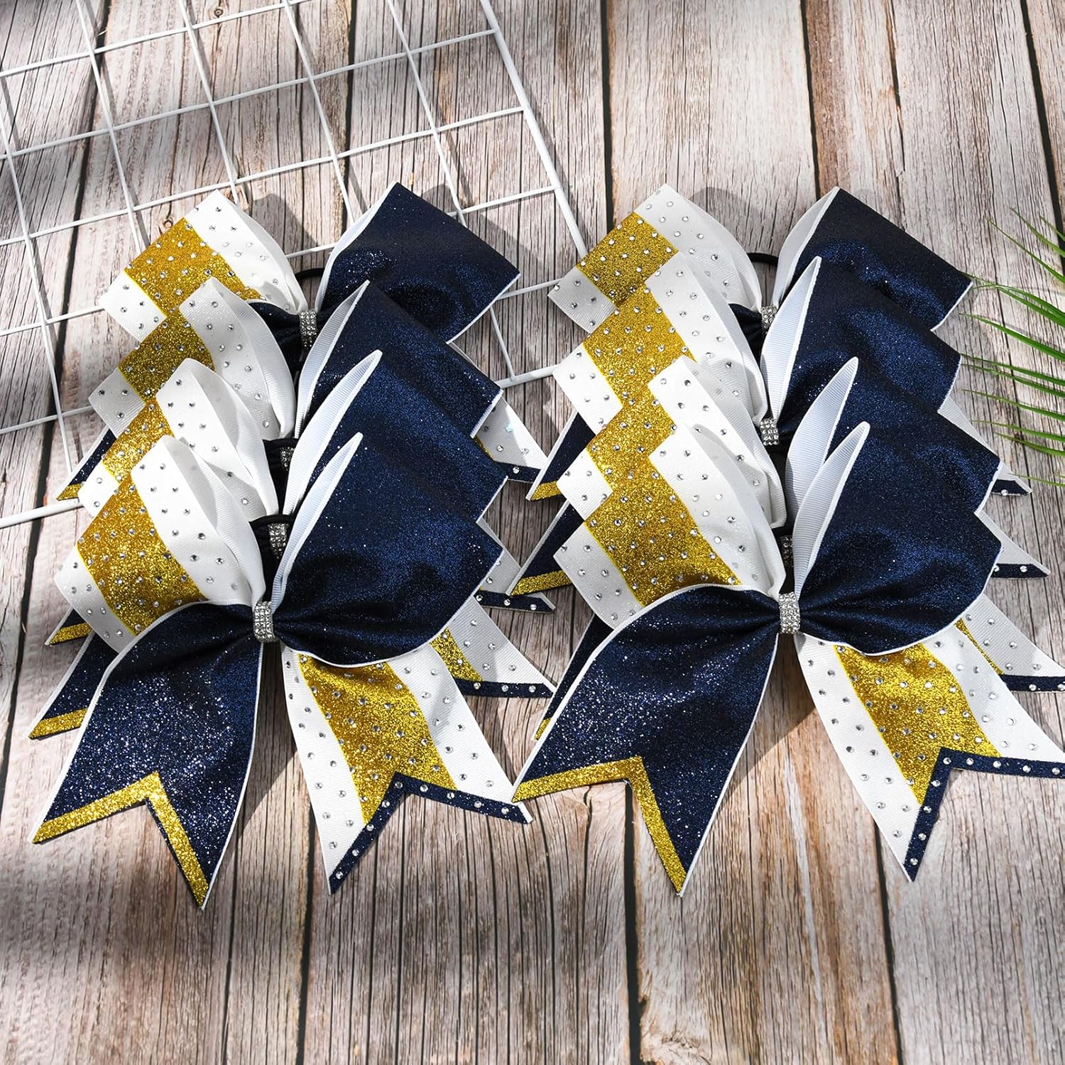 8 PCS Large Glitter Cheer Bows 8" Rhinestones Hair Bows Sparkly Cheerleading Softball Team Bow Hair Ponytail Holder Accessories for cheerleaders football Competition Sports- Navy Blue Gold