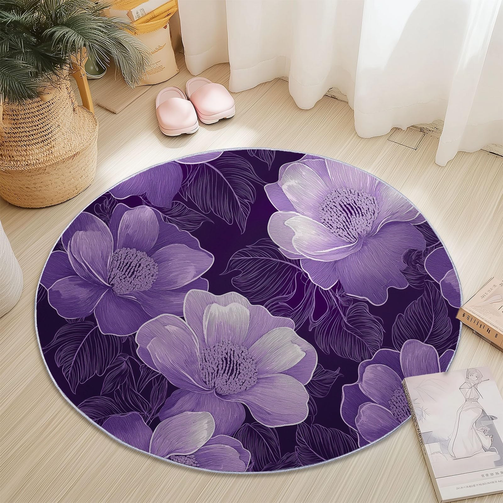 Tapis violet foncé rond 60 cm anti-glisse pour cuisine et salon