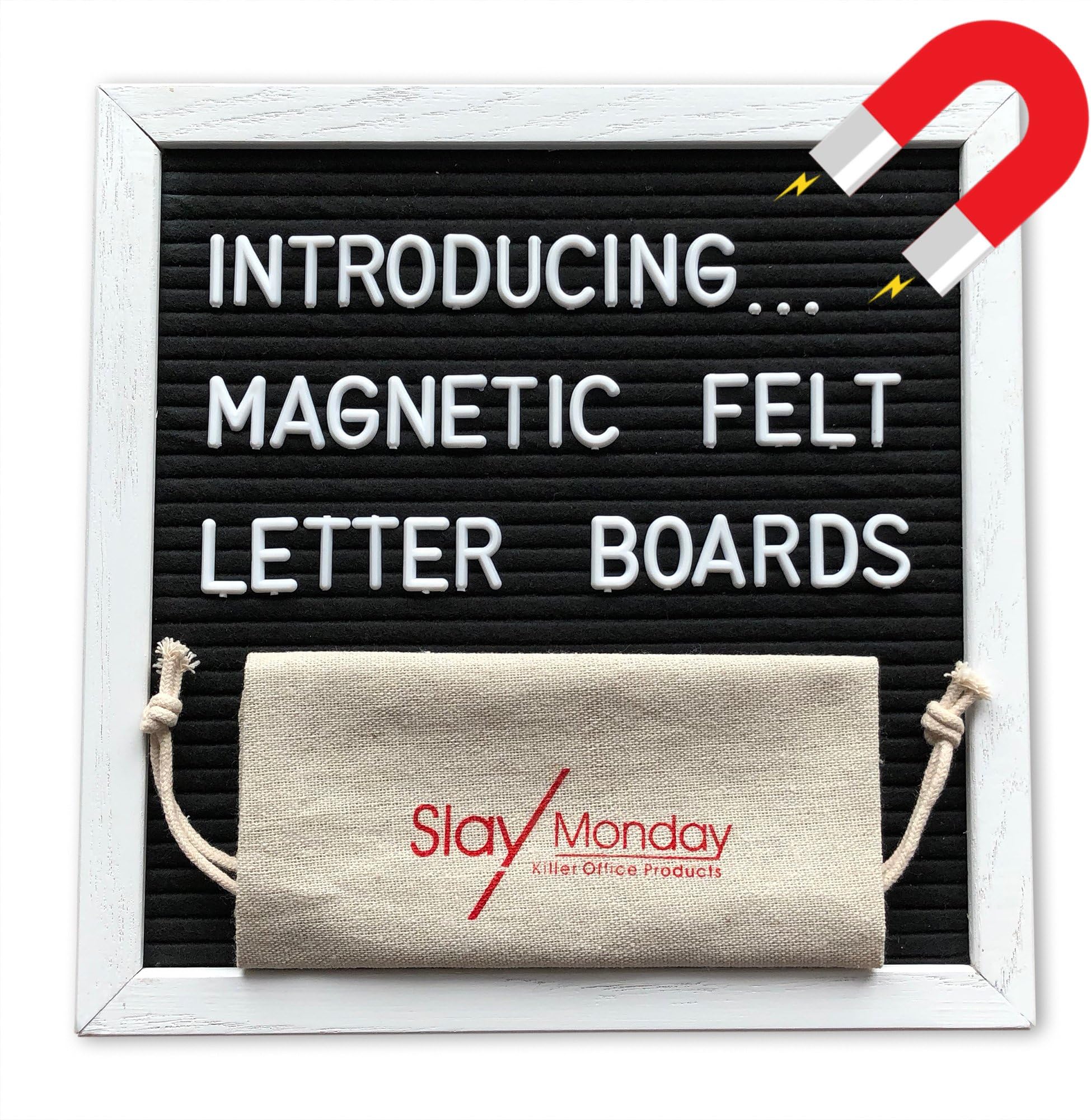 Magnetic Black Felt Letter Board with Magnet Frame, Prop Stand and Hanging Wire by SlayMonday - 10 x 10 inch White Oak Frame with 525 Changeable Plastic Letters and Emojis, Plus Bag and Scissors