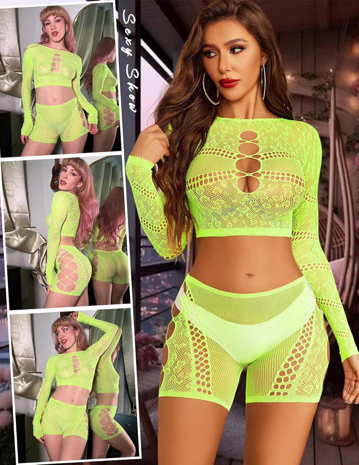 Avidlove Fishnet Lingerie Sets for Women Sexy Two Piece Rave Outfits Mesh Bodysuit Clubwear - Image 4