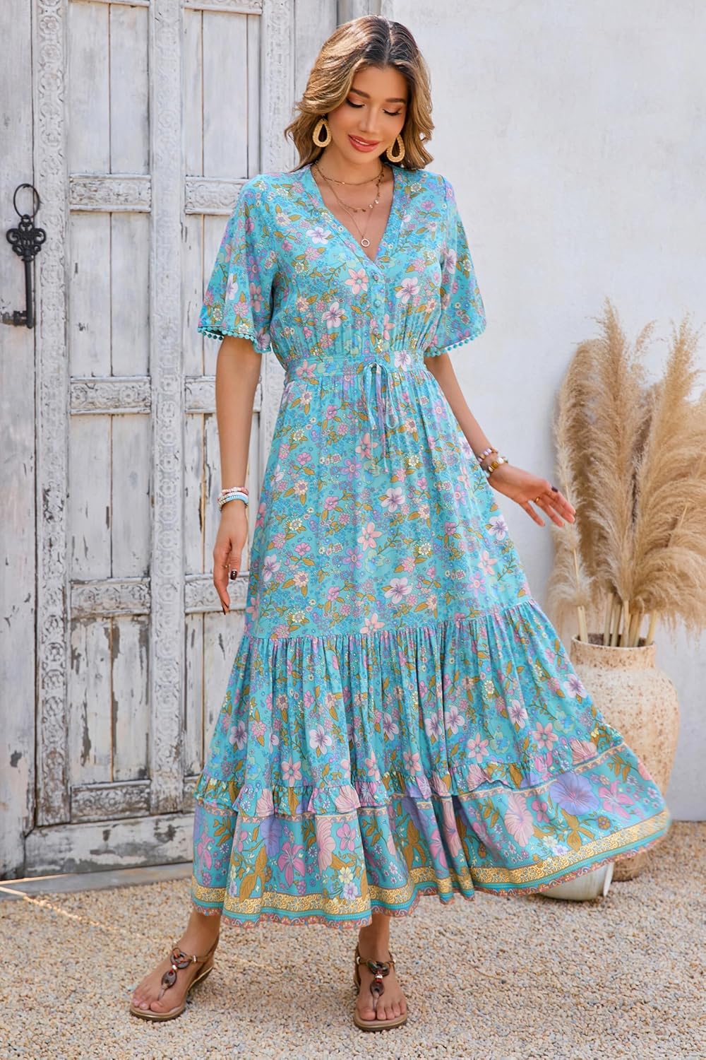 R.Vivimos Womens Summer Cotton Short Sleeve V Neck Floral Print Casual Bohemian Midi Dresses - Image 2