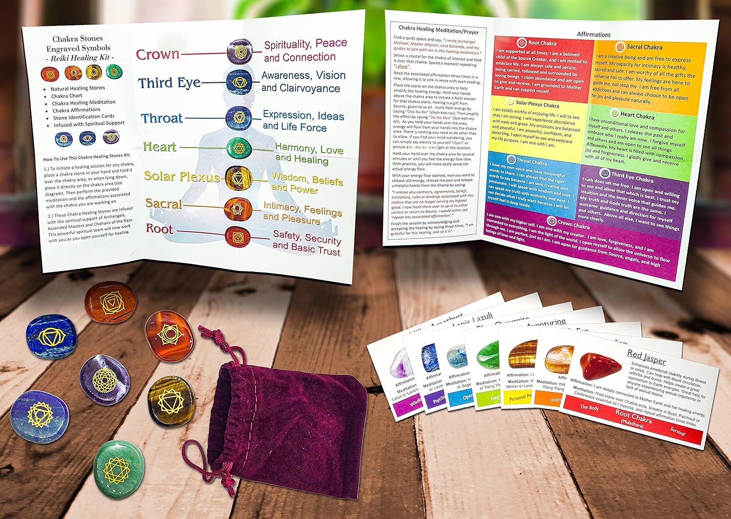 7 Engraved Chakra Symbol Stones - (16Pc) Meditation Accessory and Reiki Healing Kit with Chakra Chart, Affirmations, Guided Meditations, and Identification Cards For Spiritual and Mindfulness Work