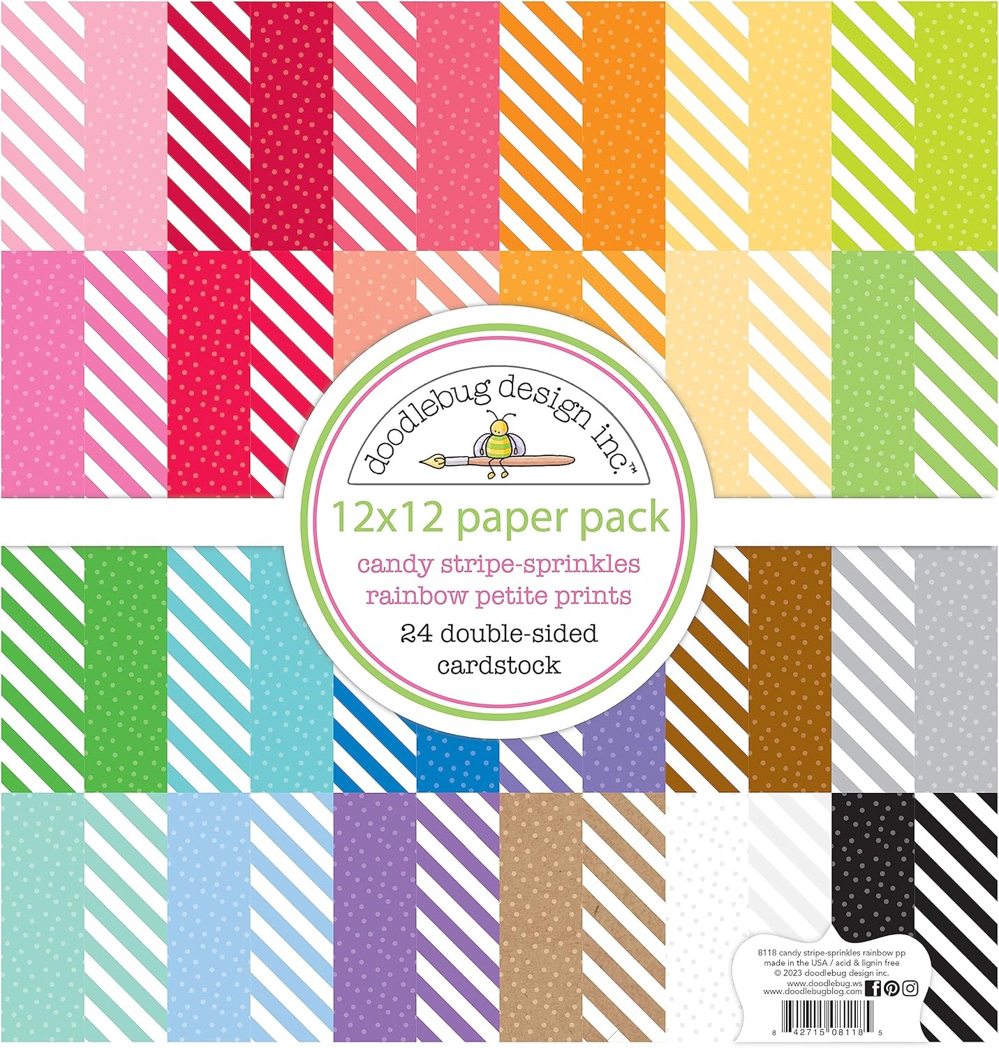 Doodlebug Petite Prints Double-Sided Cardstock 12"X12" 24/Pk - Candy Stripe-Sprinkles