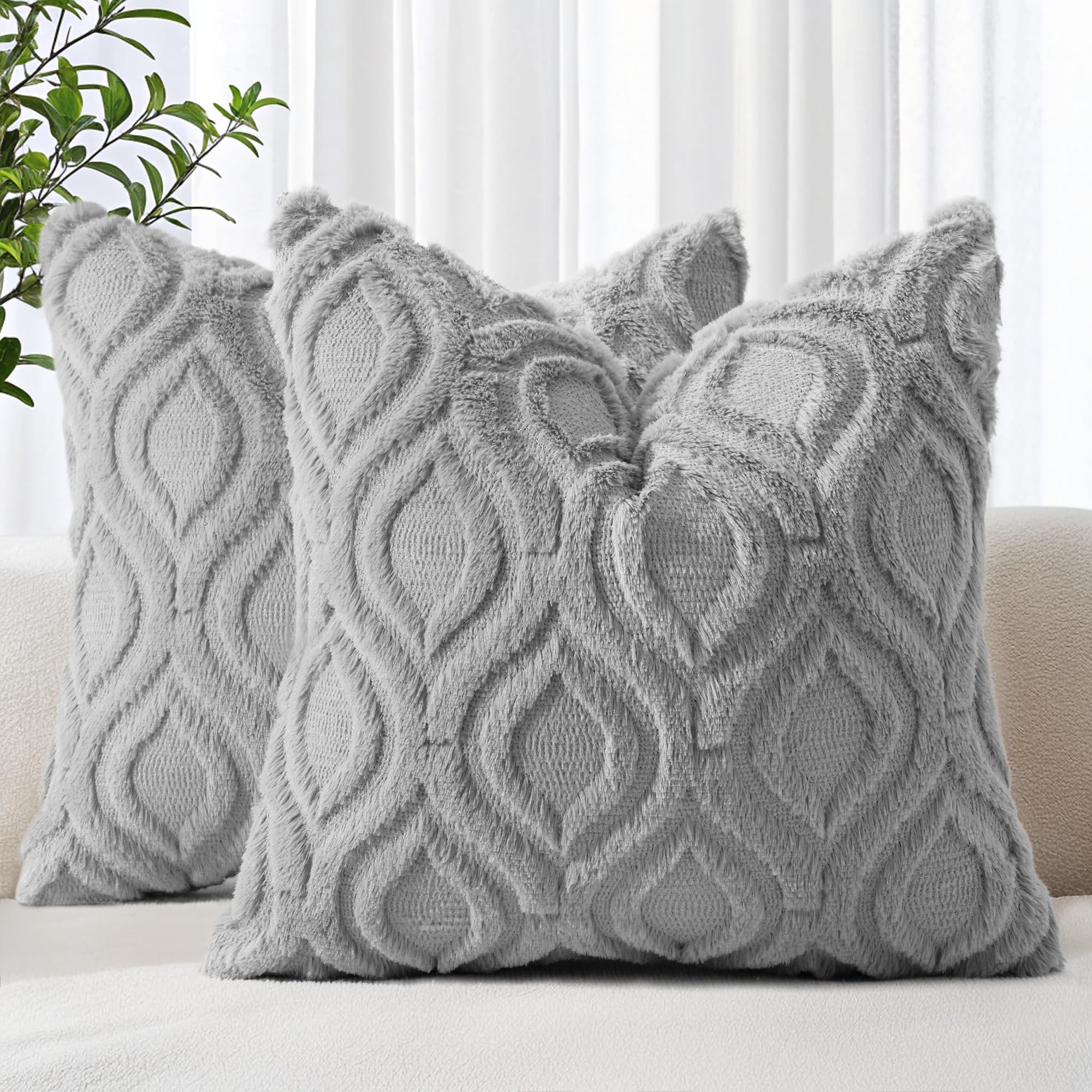 decorUhome Throw Pillow Covers 16x16 Inch Set of 2, Soft Plush Faux Wool Grey Solid Couch Pillow Covers, Accent Farmhouse Neutral Square Pillow Cases for Sofa Bed Living Room Home Decor