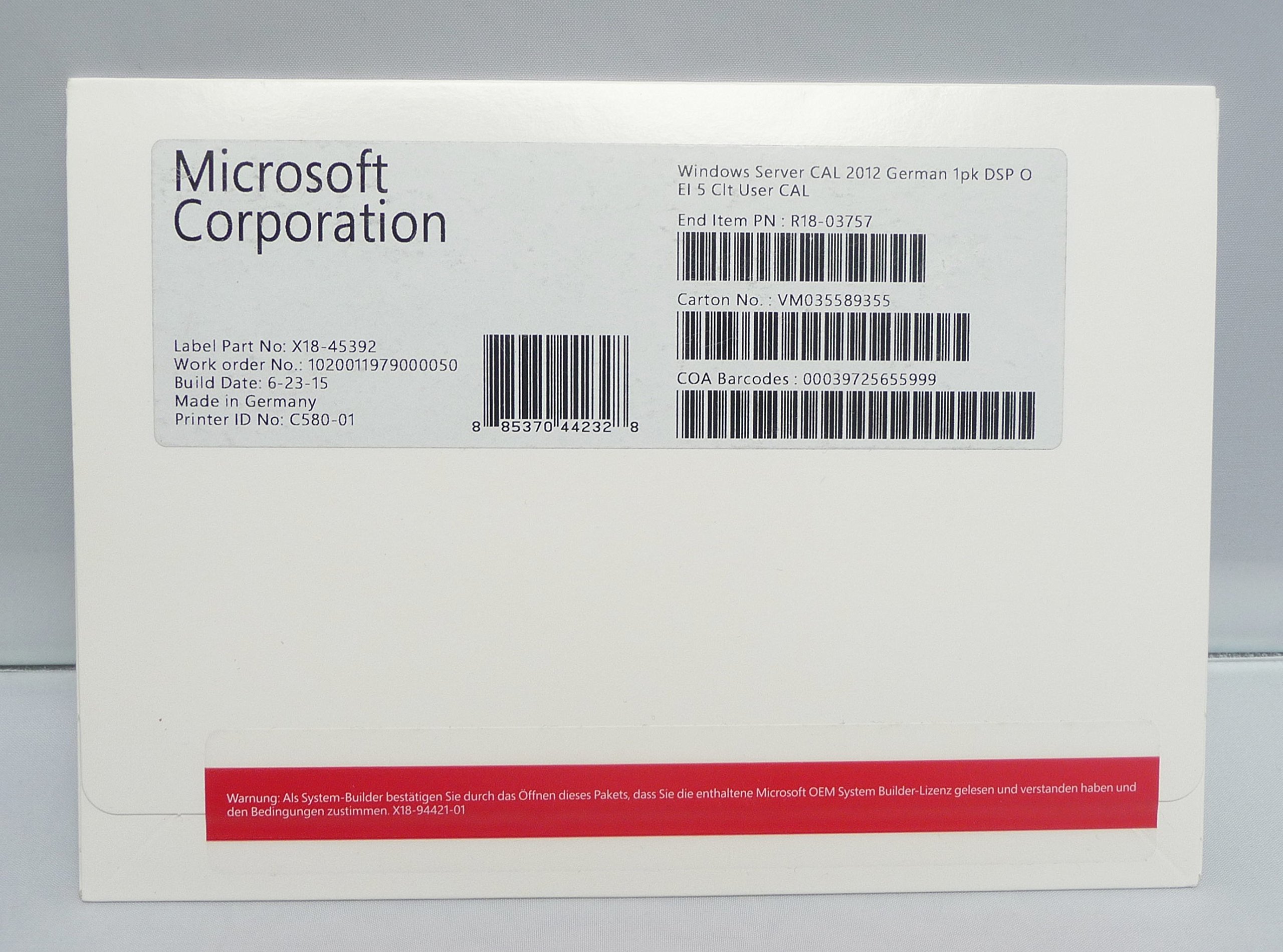 Microsoft Windows Server 2012 DE – 5 User CAL (5 Benutzerlizenzen) für Server 2012/2012 R2