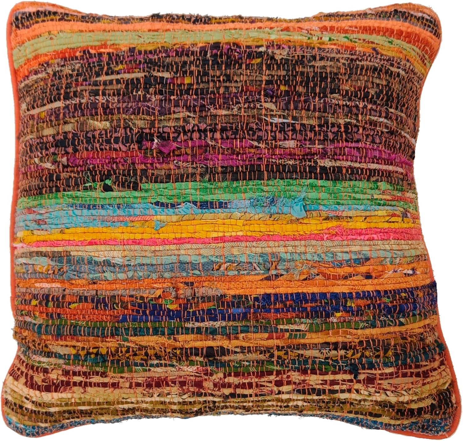 Trade Star Handloomed Couch Cushion Case Square Pillow Cover Decorative Chindi Rag Rug Throw Pillow Cover Bohemian Colourful Handmade Seating Pillow Cover for Home Decor 16x16 Inches