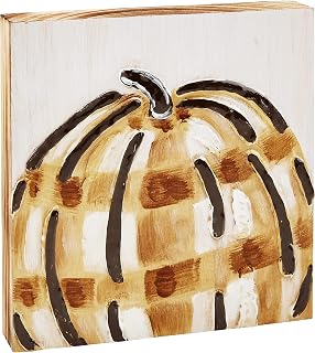Mud Pie Wooden Pumpkin Painted Block, Buffalo Check, 7" x 7"