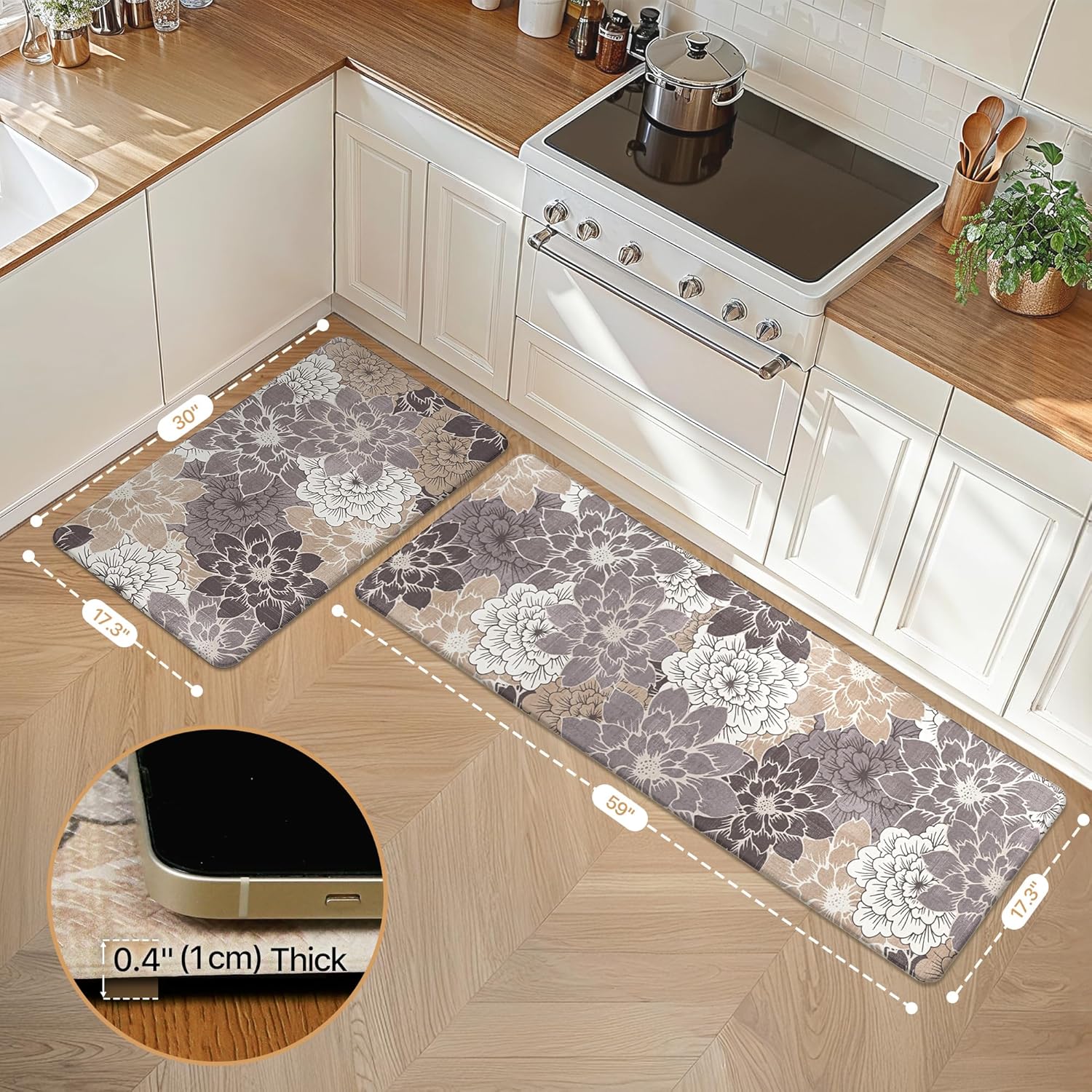 GENIMO Kitchen Mats for Floor, Kitchen Rugs Non Slip Washable Sets of 2, Waterproof Cushioned Anti Fatigue Mat, Floral Runner Rug for Laundry, Sink, Office, Home, 17.3"x59"+17.3"x30", Coffee Brown