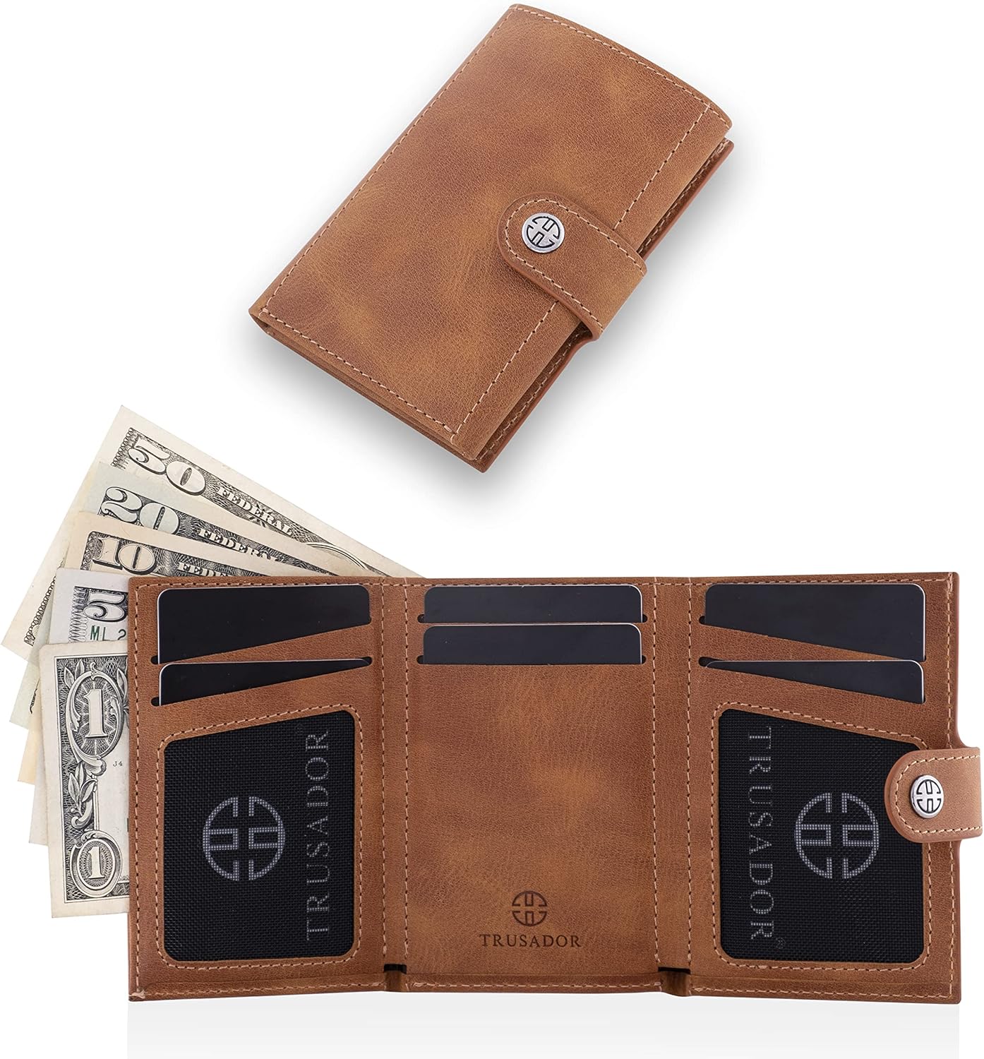 TRUSADOR Venice Men & Women Leather Trifold Wallets RFID Blocking Front Pocket Wallet (Cognac Vintage, With Coin Pocket) - Image 5