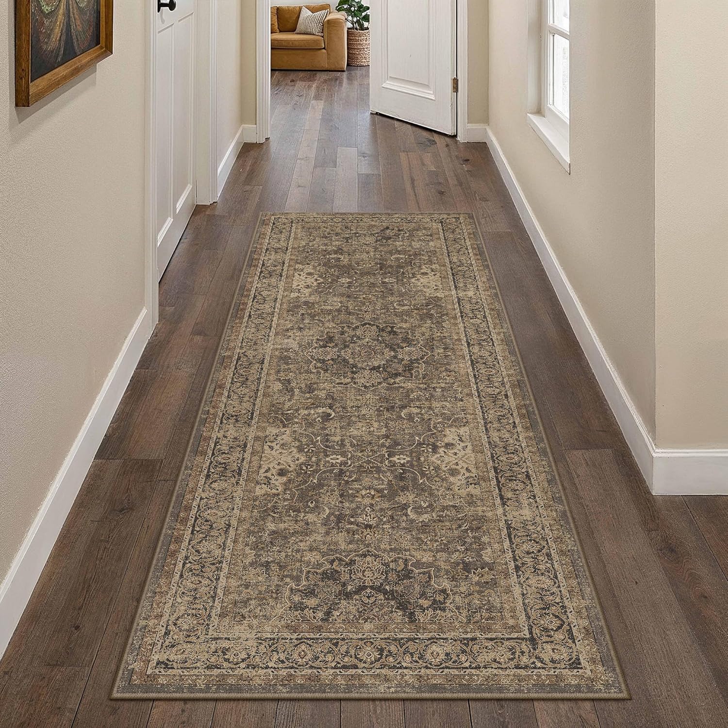 2x6 Brown Washable Vintage Runner Rug for Living Room Bedroom Soft Tranditional Non Slip Runner Area Rug Lightweight Floral Low Pile Distressed Runner Kitchen Hallway Bedroom 2'x6' Vintage | Brown
