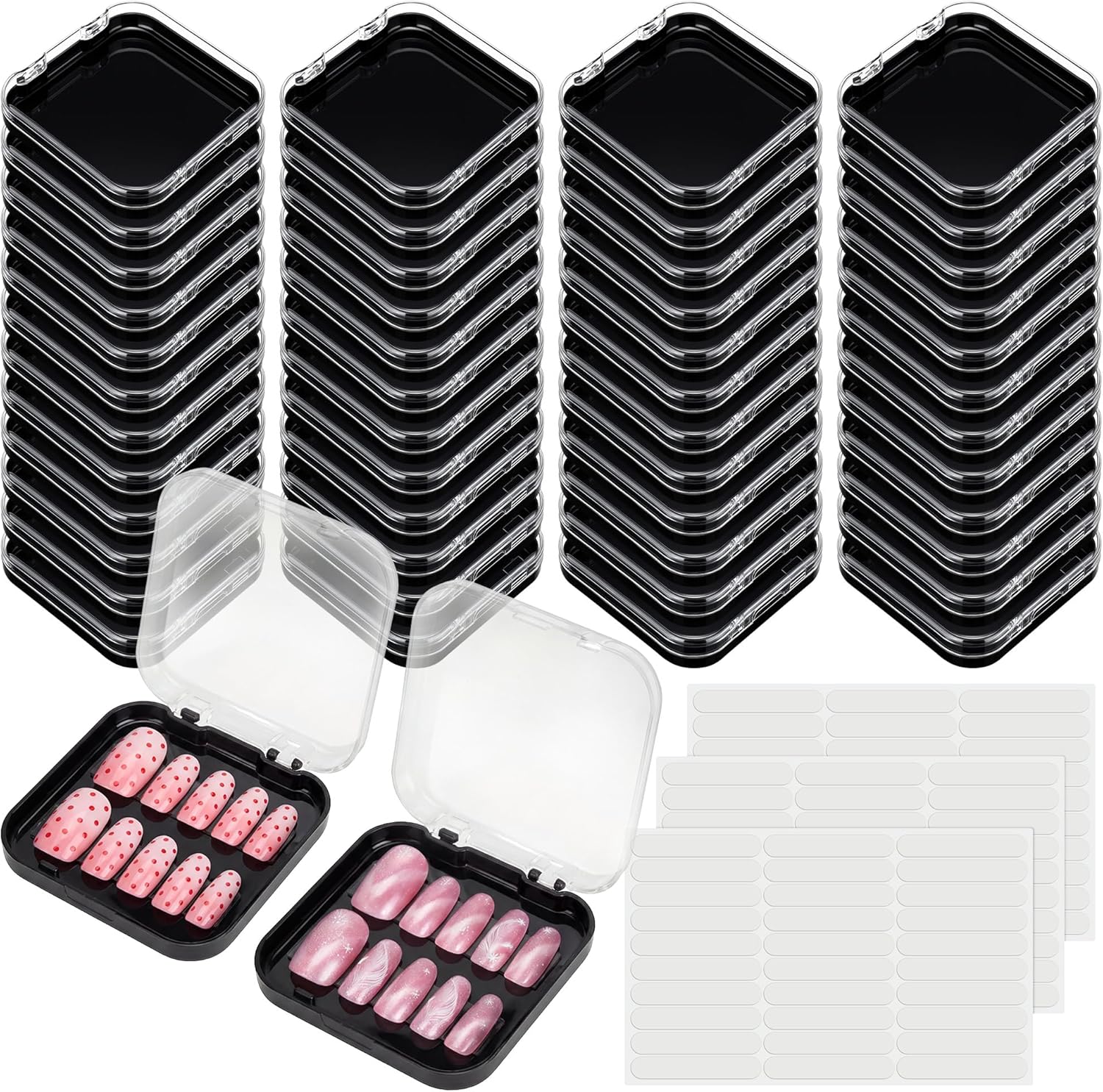 AceOrbit 48 Pcs Press on Nail Boxes with 180 Pcs Adhesive Double Sided Tape Acrylic Press on Nail Packaging Cases Black Transparent Storage Case Organizer for Display Art Salon Supplies