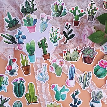 Green Plant Stickers, 100 PCS Cactus Stickers Vinyl Waterproof Stickers for Laptop Skateboard Hydro Flask Computer Phone Scrapbook