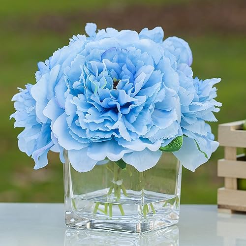 Miniatura 2 de Enova Home Arreglos florales de peonía de seda en jarrón de cristal con agua sintética para decoración de mesa del hogar, mesa de boda, centro de