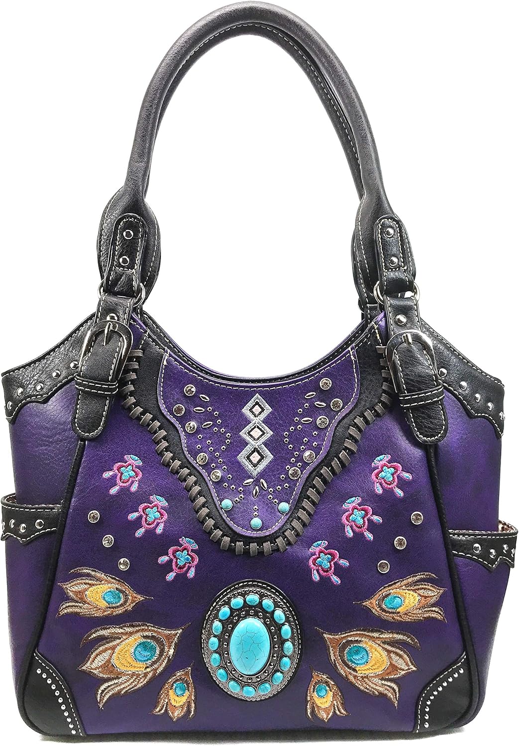 Zelris Turquoise Stone Concho Peacock Feather Women Conceal Carry Tote Purse Bag