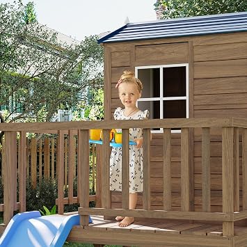 Kids Outdoor Playhouse with Sandbox, 2 Story Wooden Playhouse with Slide, Elevated Cedar Wooden Kids Playhouse with Step Ladder