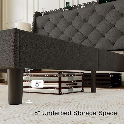 Miniatura 46 de Base de cama tamaño Queen con cabecero de almacenamiento capitoné con botones en la parte trasera y puertos tipo CA, plataforma tapizada, soporte de