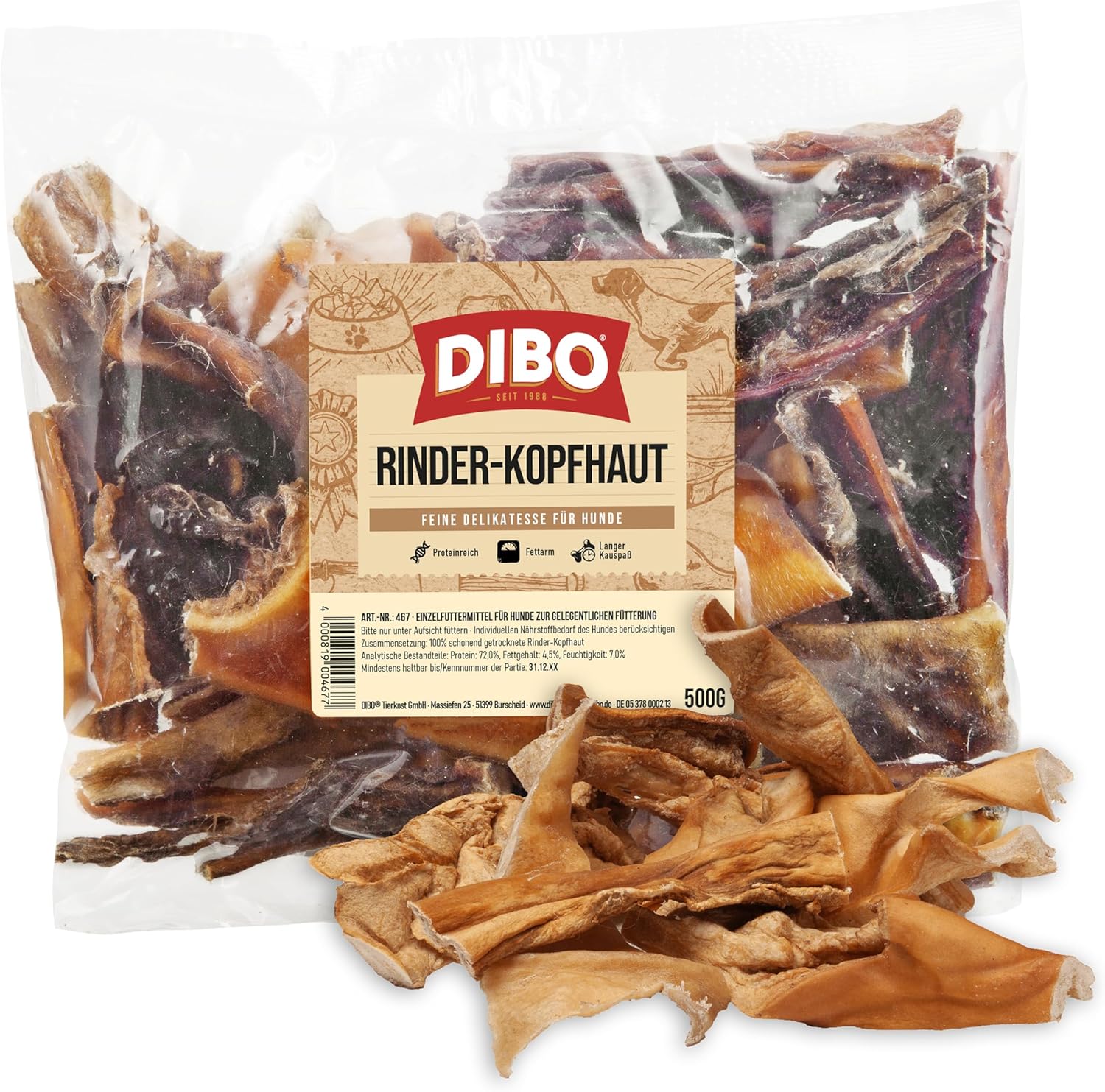 DIBO Rinderkopfhaut, 500 g Beutel, natürlicher Kausnack oder Leckerli für zwischendurch, Hundefutter, hochwertige Kauartikel ohne Chemie