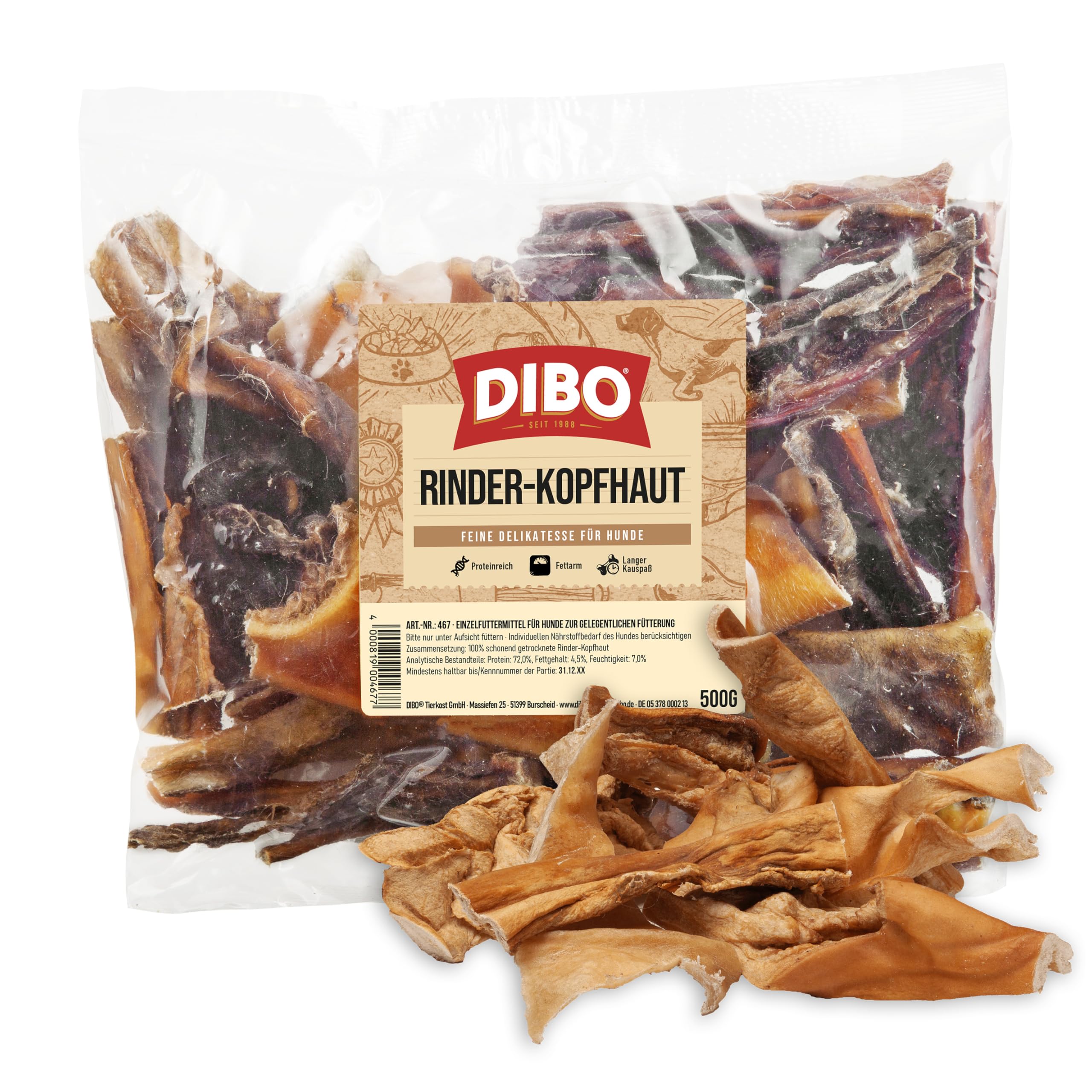 DIBO Cuoio capelluto bovino, sacchetto da 500 g, snack naturale o dolcetti per cani, articoli da masticare di qualità senza prodotti chimici