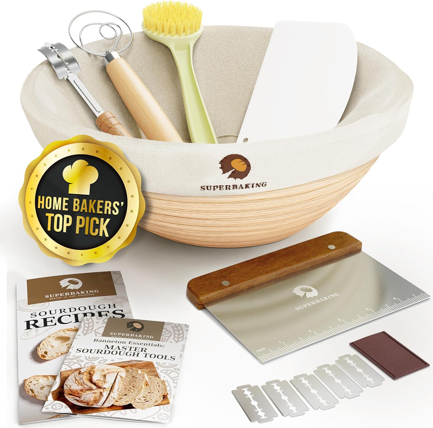 Superbaking Banneton Bread Proofing Basket, Sourdough Bread Baking Supplies, Round 9 Inch Sourdough Starter Kit, Proofing Basket for Bread Baking, Bread Making Supplies Tools, Banneton Basket Gift Set (Round) Thumbnail