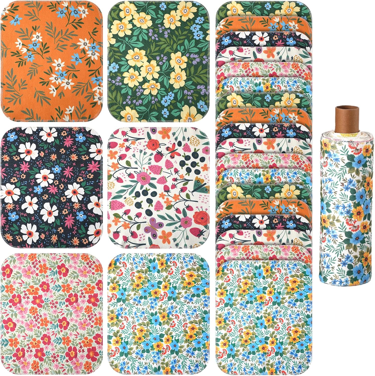Redbaker 60 Pcs Flower Reusable Paper Towels Rolls Washable Paperless Paper Towels Bulk Cloth Cotton Napkin with Cardboard Reusable Napkins for Kitchen Dishes Bathroom Home Table